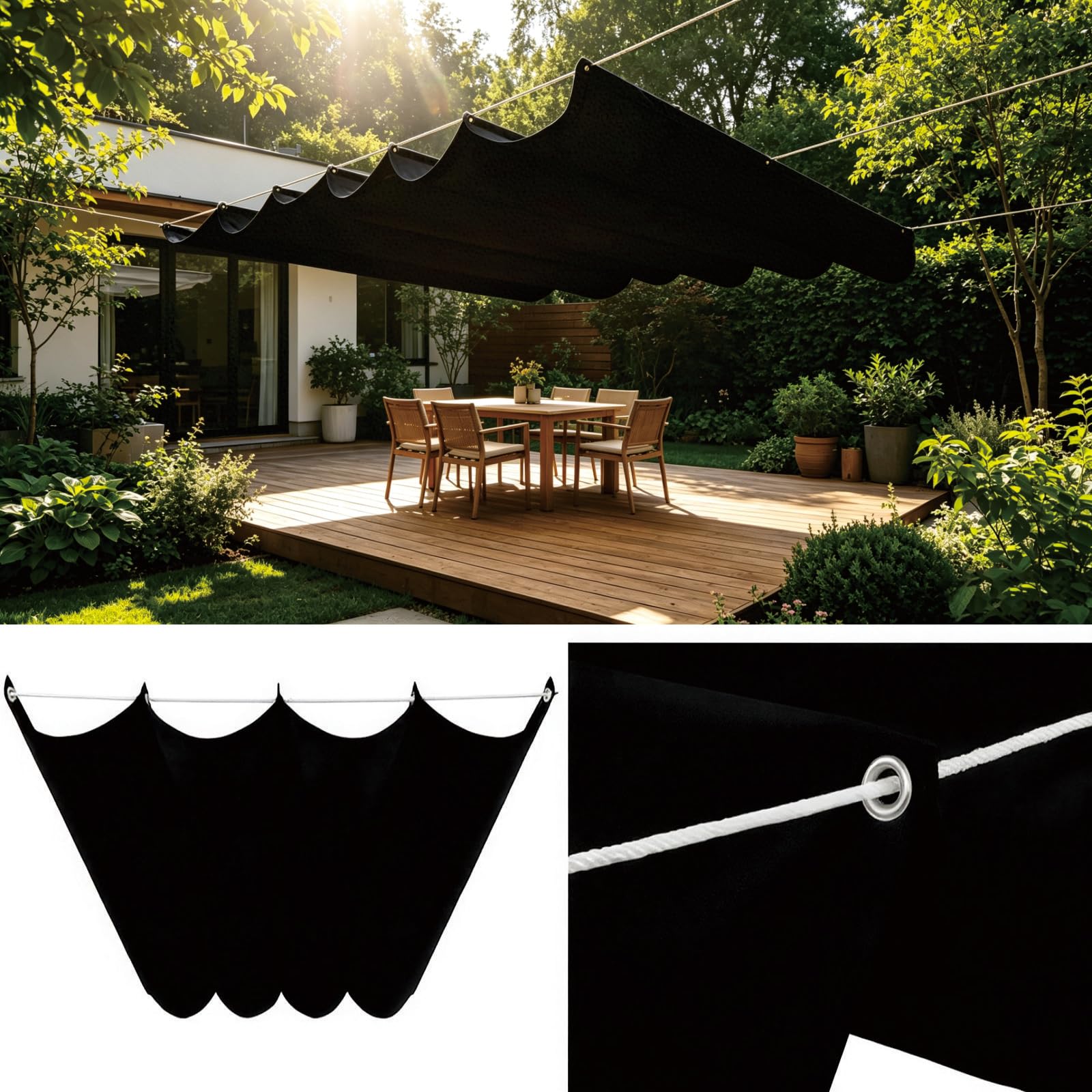 Toile Ombrage Imperméable rétractable en vague 165 x 625 cm avec oeillets de fixation pour terrasse
