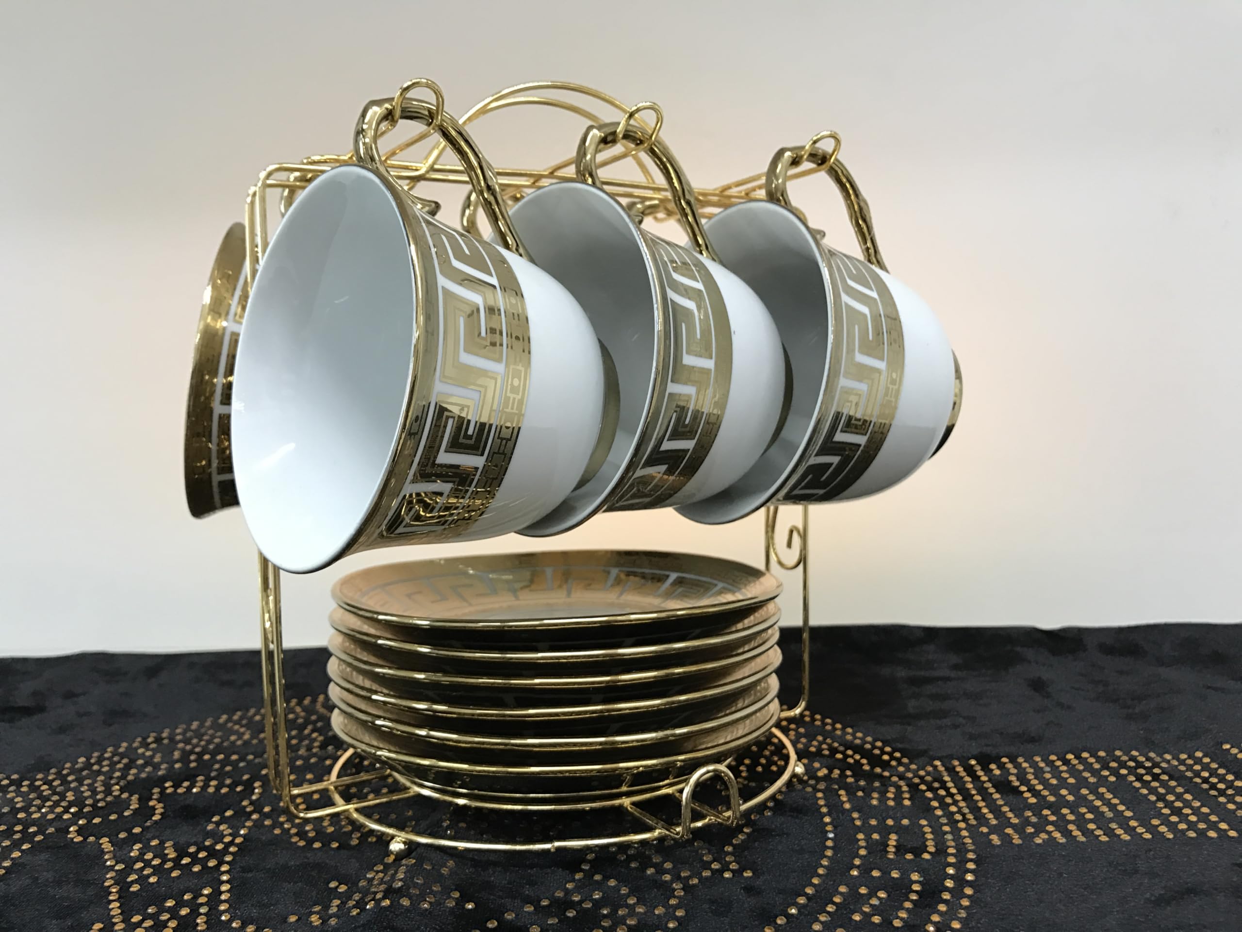 Porcelanowy serwis do kawy, zestaw filiżanek do kawy dla 6 osób, 13-częściowy zestaw filiżanek do kawy, latte cappuccino, metalowy stojak, Meduza Meander, 6 x filiżanki + 6 x spodek
