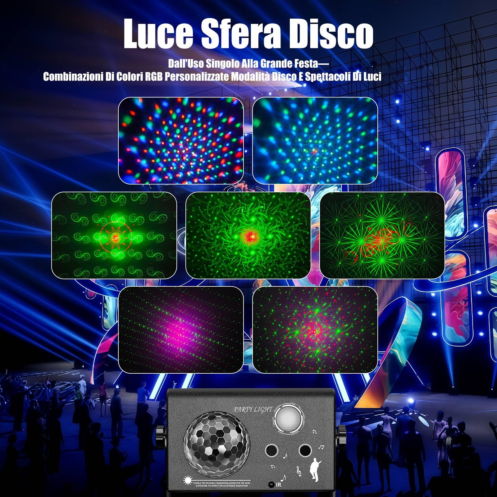 Luci Discoteca e Party 3-in-1 con Telecomando, Controllo Musicale & Controllo Vocale – Luci DJ LED RGB, Effetto Palla Disco e 72 Modelli per Party, Club, Natale, Halloween