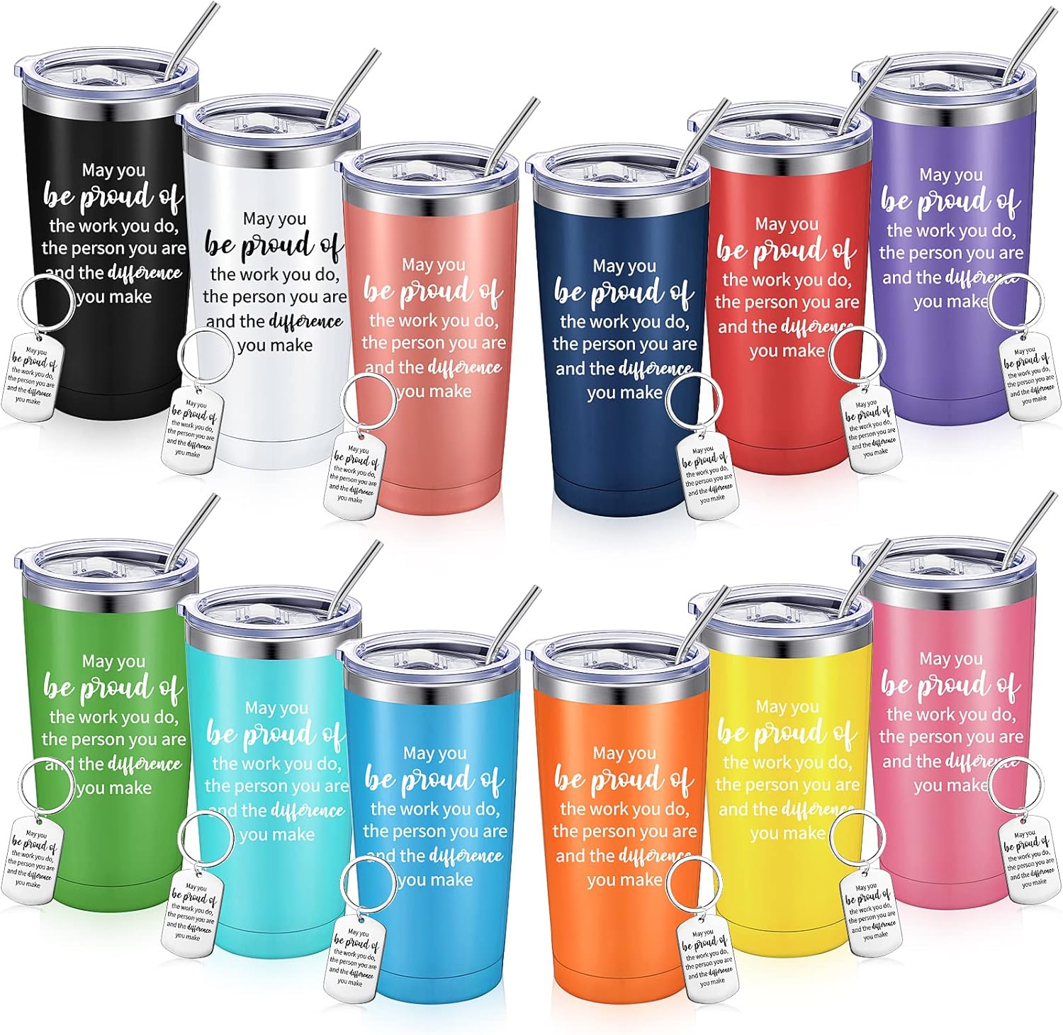 Inbagi 12 Sets Thank You Gifts May You Be Proud Women Tumbler with Keychain 20 oz Stainless Steel Insulated Cup with Lids and Straws Appreciation Gift for Employee Teacher Nurse Volunteer (Multicolor)
