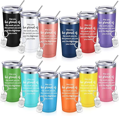 Inbagi 12 juegos de vasos con llavero con texto en inglés "Thank You Be Proud" para mujer, vaso aislado de acero inoxidable de 20 onzas con tapas y