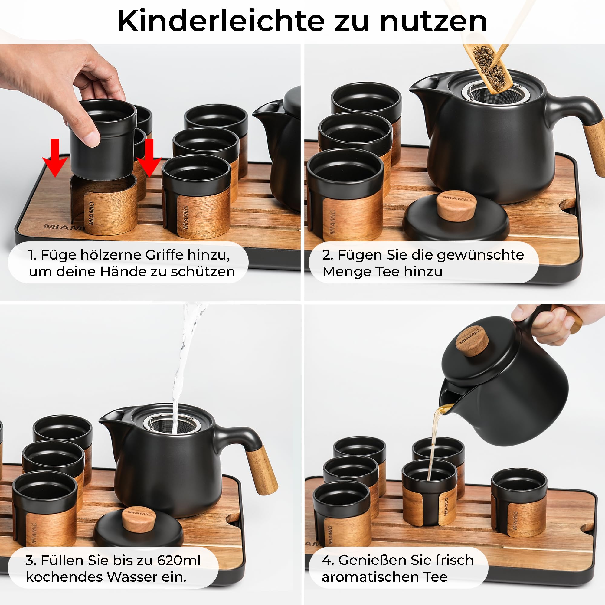 MIAMIO - Japanisches/Chinesisches Tee Set 6 x 100 ml/Asiatische Teekanne 620 ml mit Teesieb, Traditionelles Japanisches Teekanne Set für Teeliebhaber/Männer/Frauen (Schwarz)
