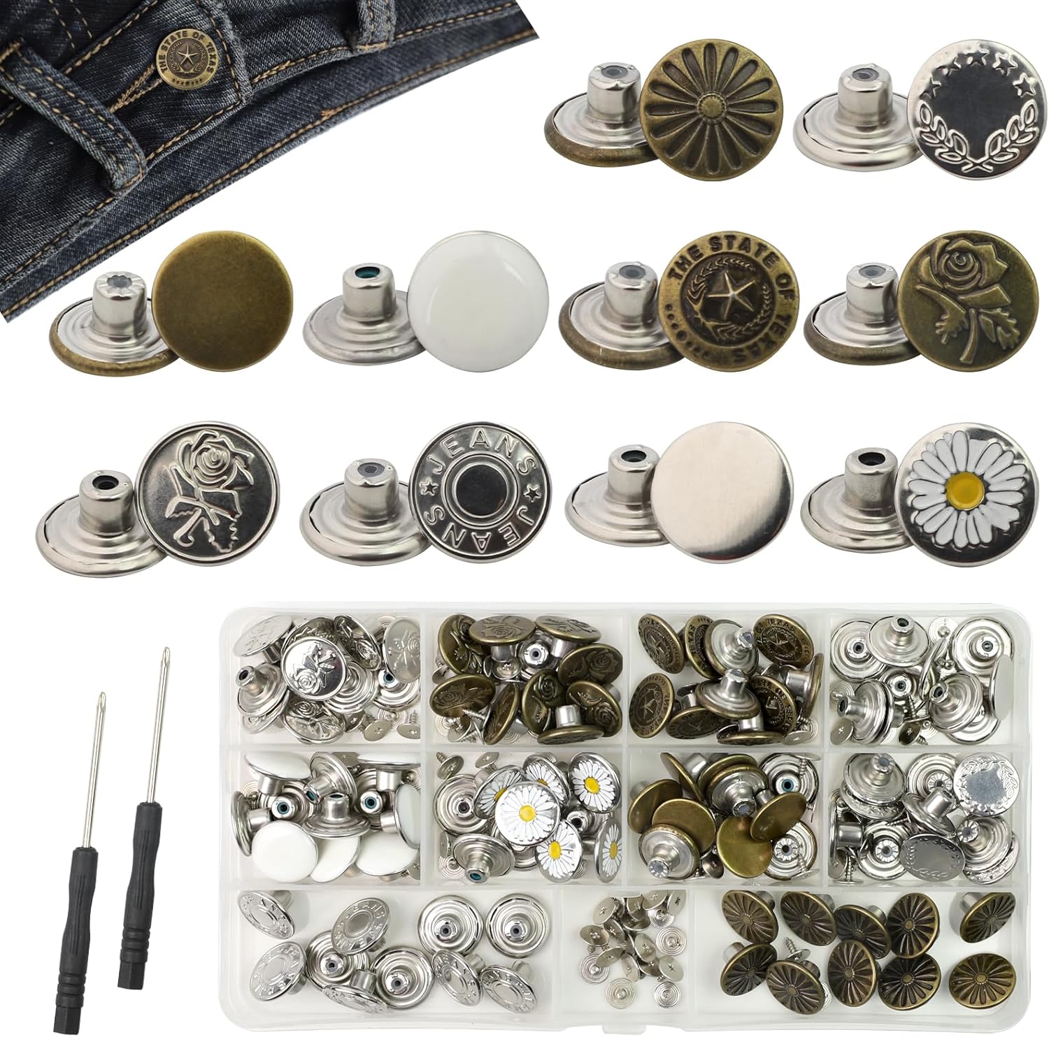 Jeans Buttons Metal Replacement Adjustable - 100 Pcs Jean Button with 2 ...