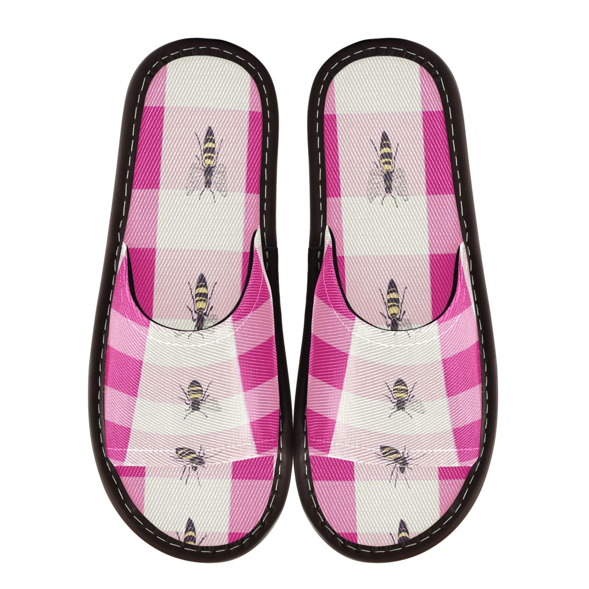 KLL Spa Shower Slippers Indoor and Outdoor Portable Cute Rubber Sole Home Shoes for Travel Airplane Hotel 10.5-11 Buffalo Plaid Check White Hot Pink Bees