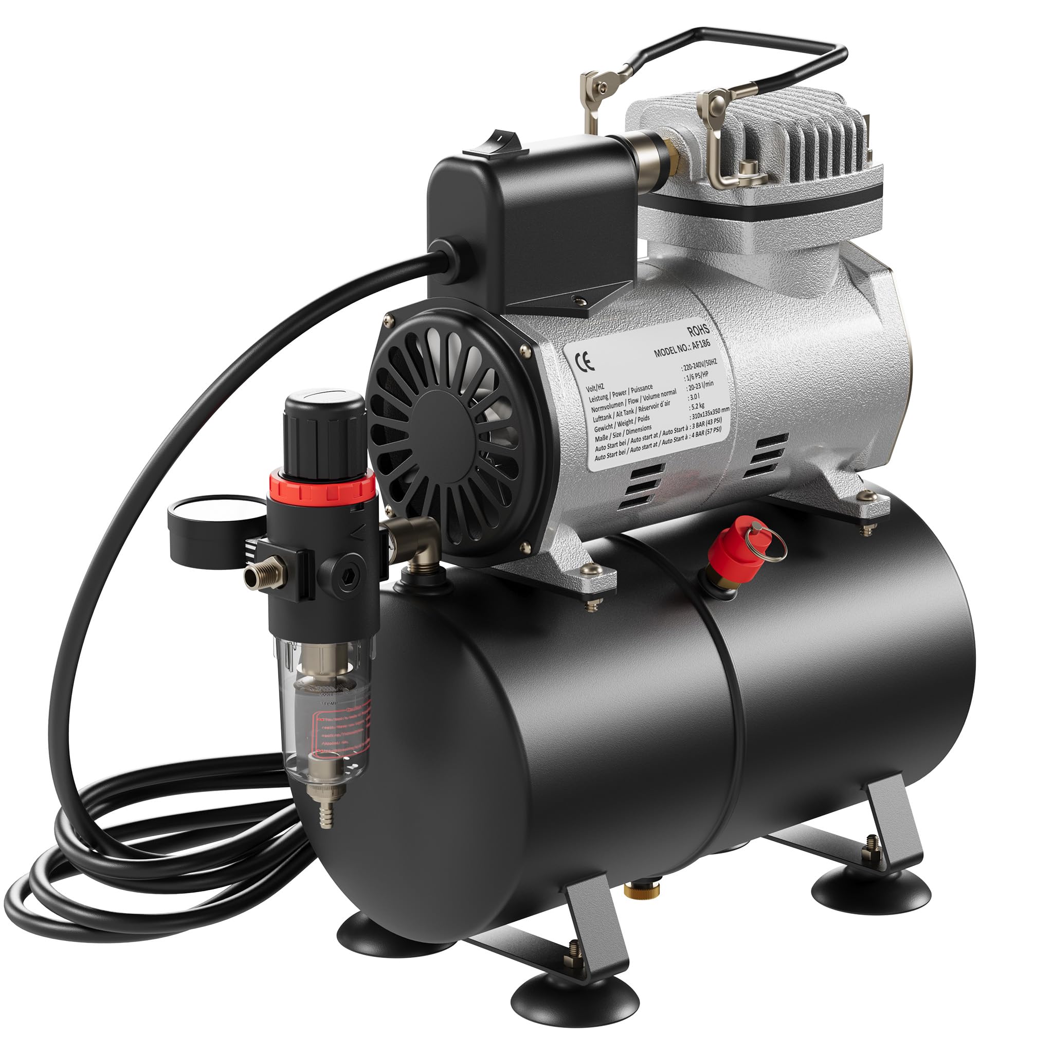 Wiltec Compresseur à membrane Aérographe Airbrush AF186 – 4 bar – Diaphragme – Sans huile – Réservoir d'air Réducteur de pression Coupure automatique – Aérographie, modélisme, manucure, tatouage