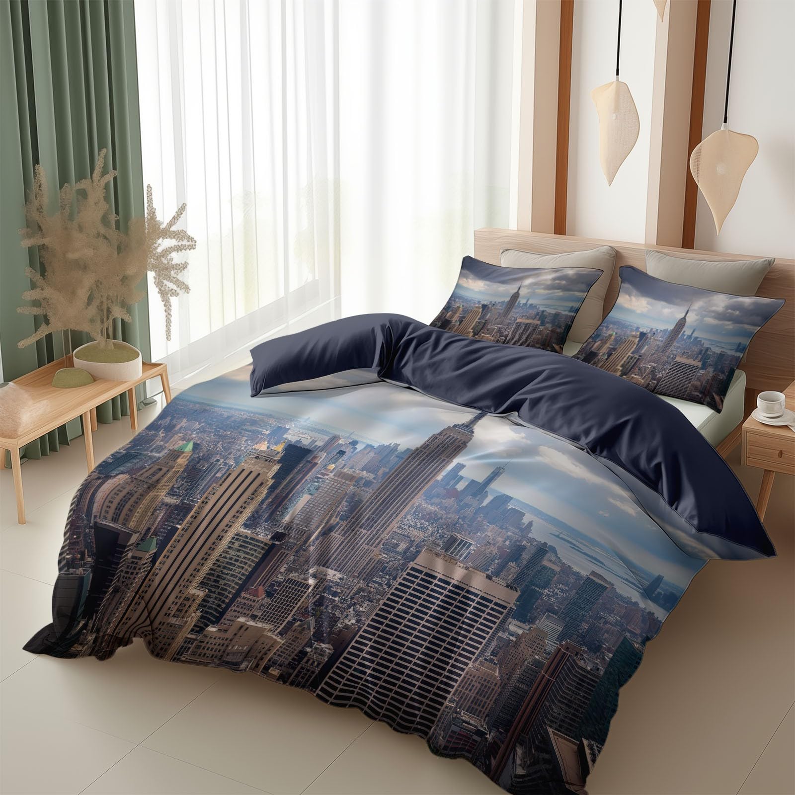 Niebieski komplet pościeli, 135 x 200 cm, nowojorska architektura, drapacz chmur, pościel 3D, poliester, bawełna, miękka, dwustronna, poszewka na kołdrę z zamkiem błyskawicznym, pojedyncze łóżko