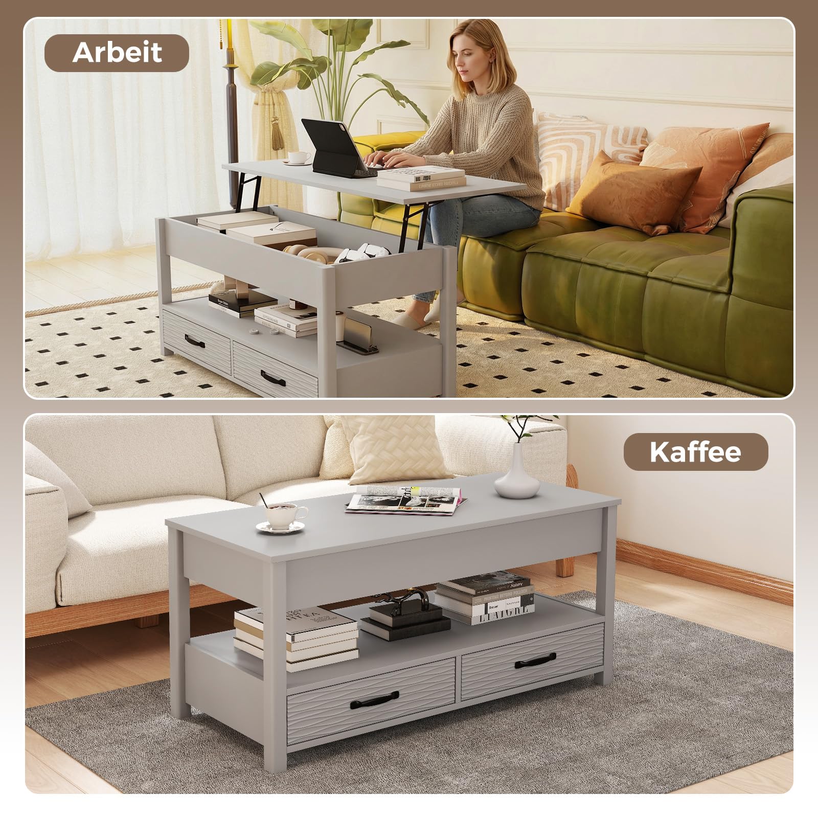 COSTWAY Couchtisch Höhenverstellbar, Sofatisch mit offene Ablage & 2 Schubladen, Wohnzimmertisch mit anhebbarer Tischplatte 50-63,5cm, Kafeetisch Holz für Wohnzimmer, Büro, Grau