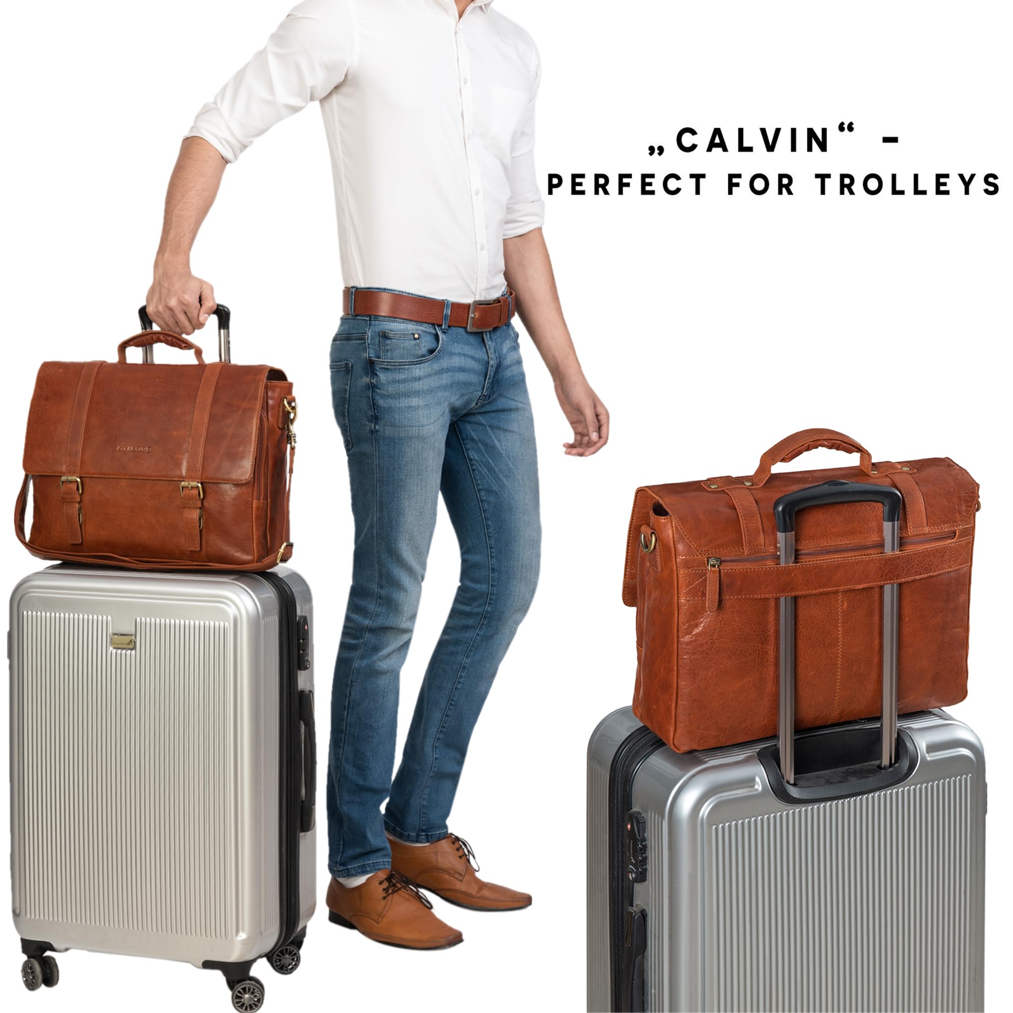 STILORD Calvin Maletín Piel Hombres Grande para portátil 15.6 Pulgadas Mensajero Bolsa Bandolera Trabajo Bolso Negocios de Cuero Color:Zamora - marrón
