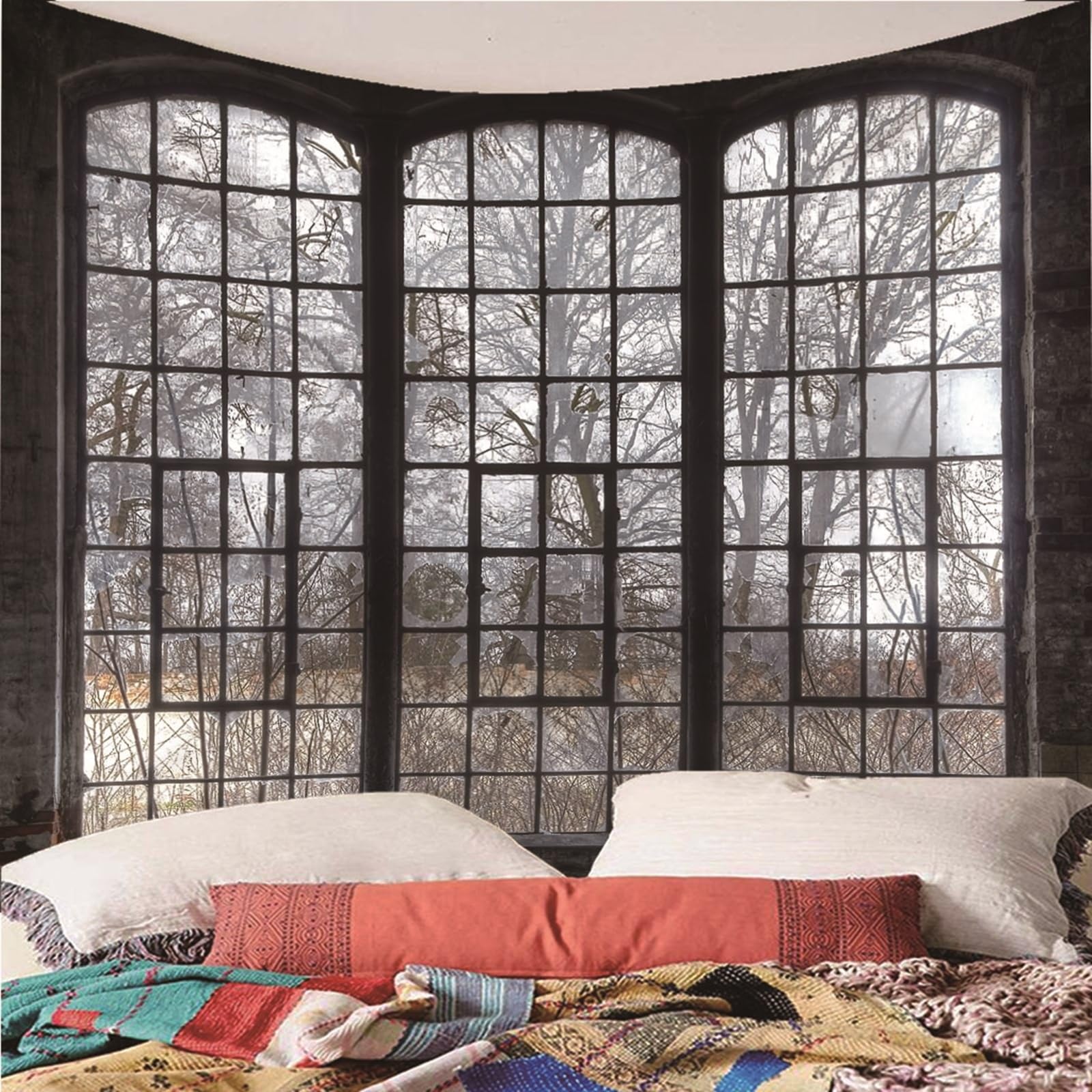 Lieson Wandteppich Fenster und Baum, Wandtuch Grau Wandbehang für Wohnzimmer Wohnheim Heimdekoration, 260x240CM