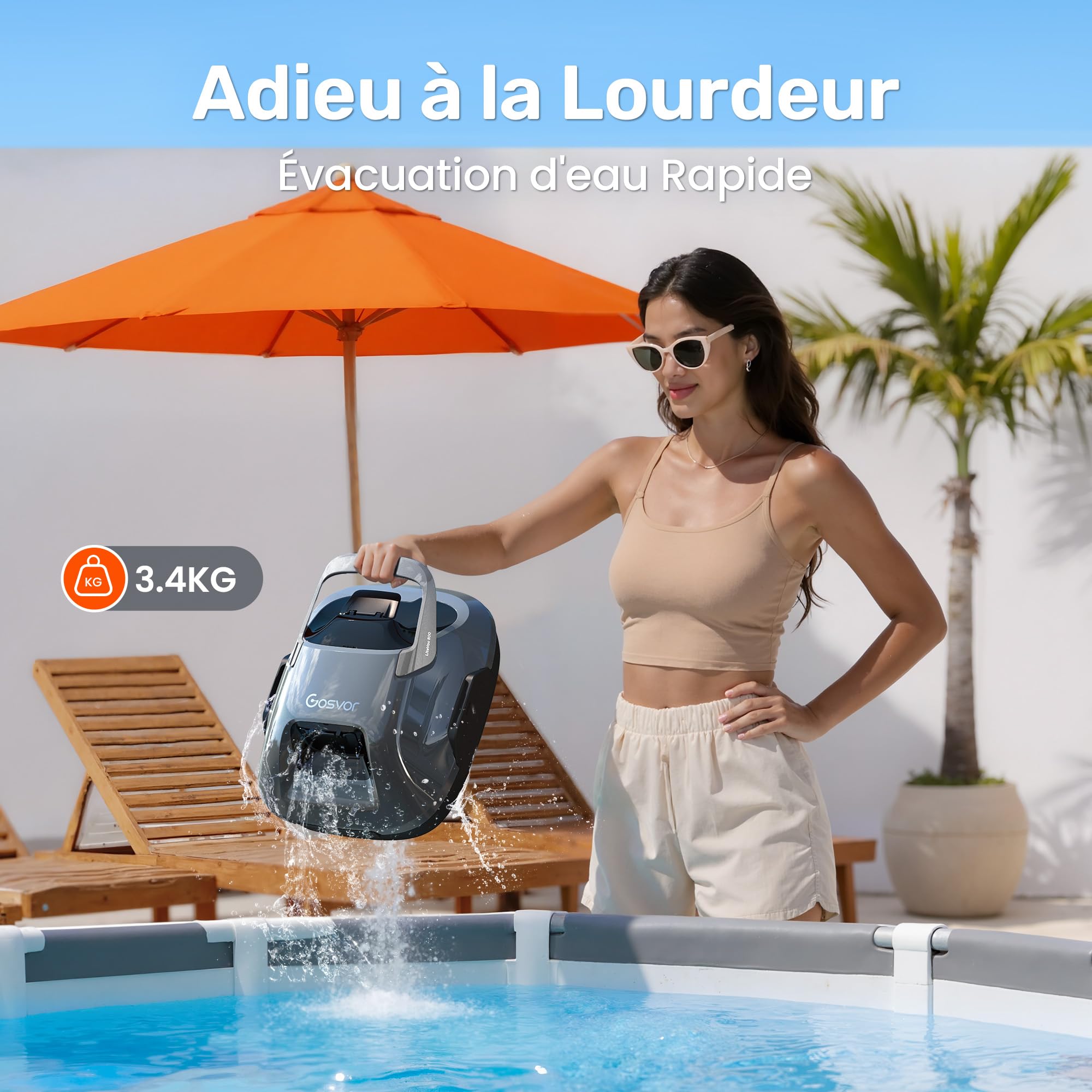Gosvor Robot Piscine sans Fil, Aspirateur Automatique Piscine Hors Sol, 90 Min d’Autonomie, Retour Automatique, Portable, Robot de Piscine Jusqu’à 80 m²