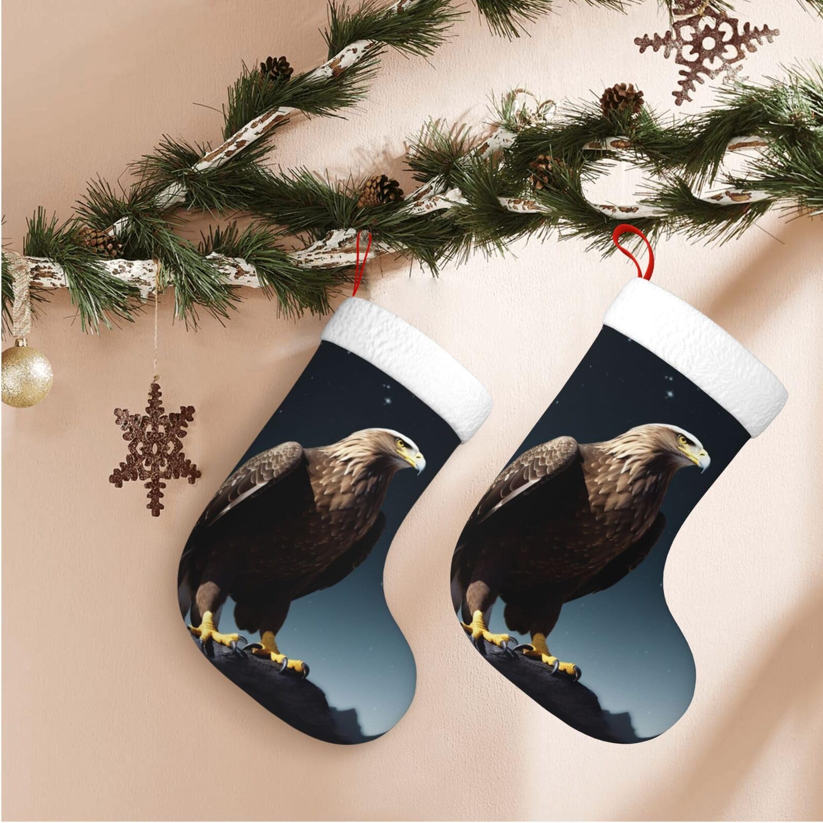 Eagle Under The Stars Christmas Stockings Velvet Xmas Fireplace Hanging Stocking with Plush Cuff Rustic Christmas Santa Stockings for Home Christmas Decorations Party Favor Supplies