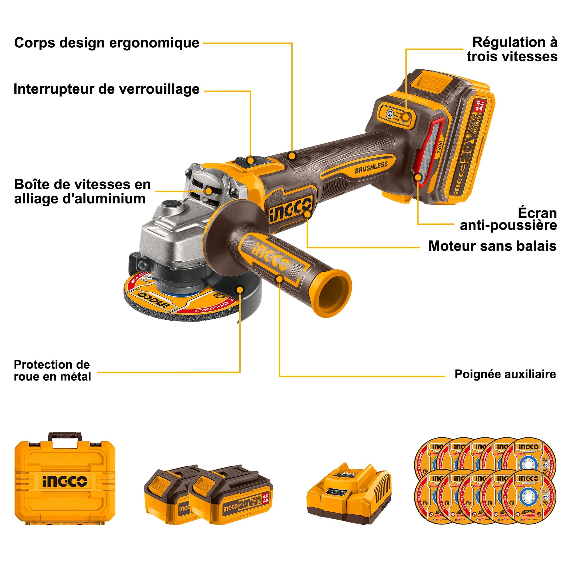 INGCO Smerigliatrice angolare senza fili 20 V, motore senza 