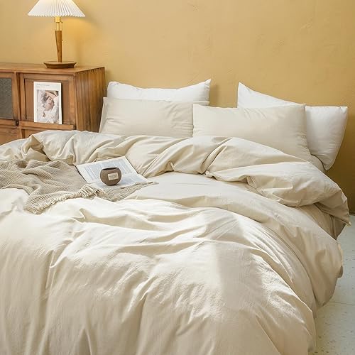 Miniatura 2 de FOSSA Juego de funda de edredón, 100% algodón lavado, funda de edredón de lino súper suave, transpirable, ligera, juego de ropa de cama de 3 piezas,