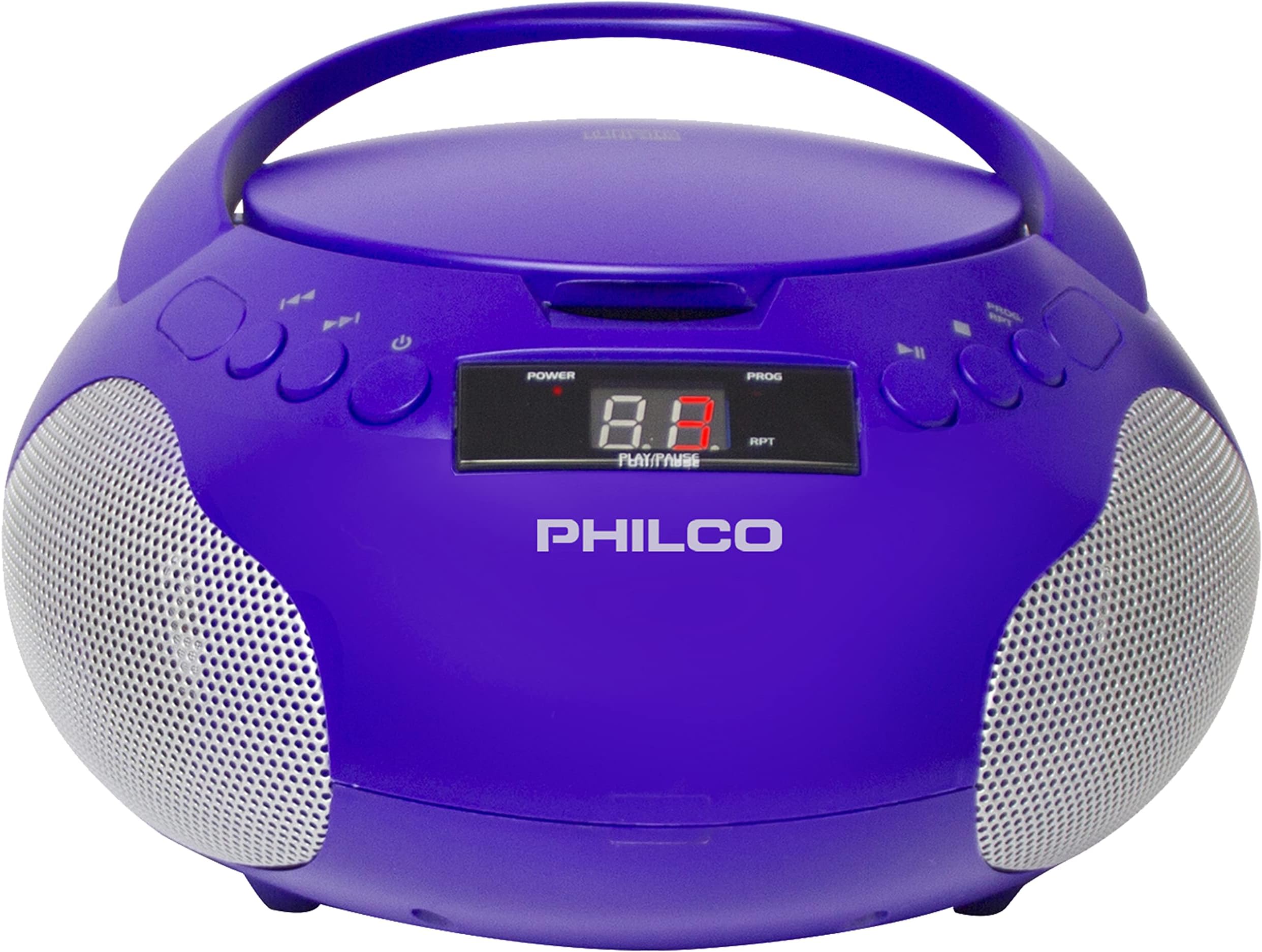 Philco Portable CD Player Boombox with Speakers and AM FM Radio | Purple Boom Box CD Player Compatible with CD-R/CD-RW and Audio CD | 3.5mm Aux Input | Stereo Sound | LED Display | AC/Battery Powered