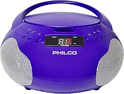 Philco Boombox Leitor de Cd Portátil com Alto-Falantes e Rádio Am Fm | Leitor de Cd Purple Boom Box Compatível com Cd-R/Cd-Rw e Cd de Áudio | Entrada Auxiliar de 3,5 Mm | Som Estéreo | Visor LED | Ac/