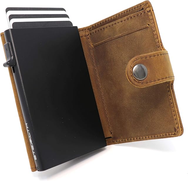 Stealth Wallet - Smart Minimalist Cards Holder  RFID Blocking Pop Up Wallets with Gift Box - Credit Card Holders with Contactless Protection (Black with Brown Crazy Horse Leather and Coin Pocket)