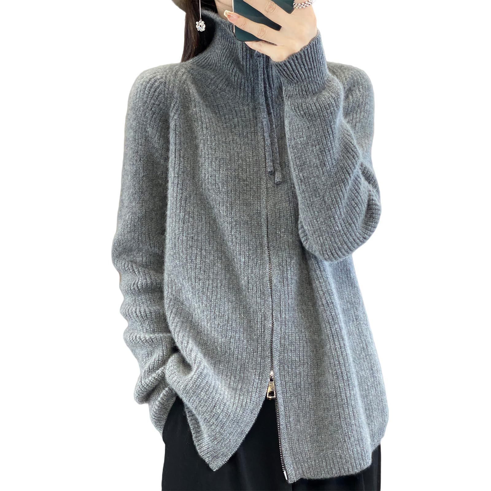 Zip Up Sweaters for Women Wool Knit Cardigan Turtleneck Long Sleeve Baggy Sweater Open Front Cardigan Casual