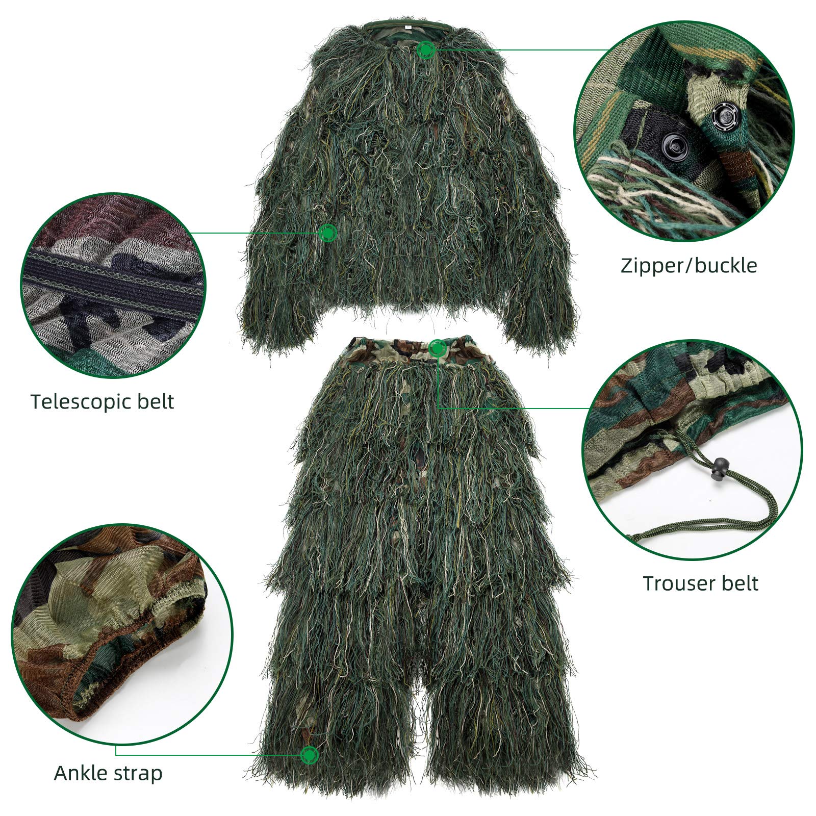 PELLOR Tuta Mimetica 3D Ghillie, 6 Pezzi Tactics,Abbigliamento da Caccia,Cecchino,Nastro Mimetico,Autoadesivo,Riutilizzabile,Mimetico,Cappello per Caccia,Campeggio