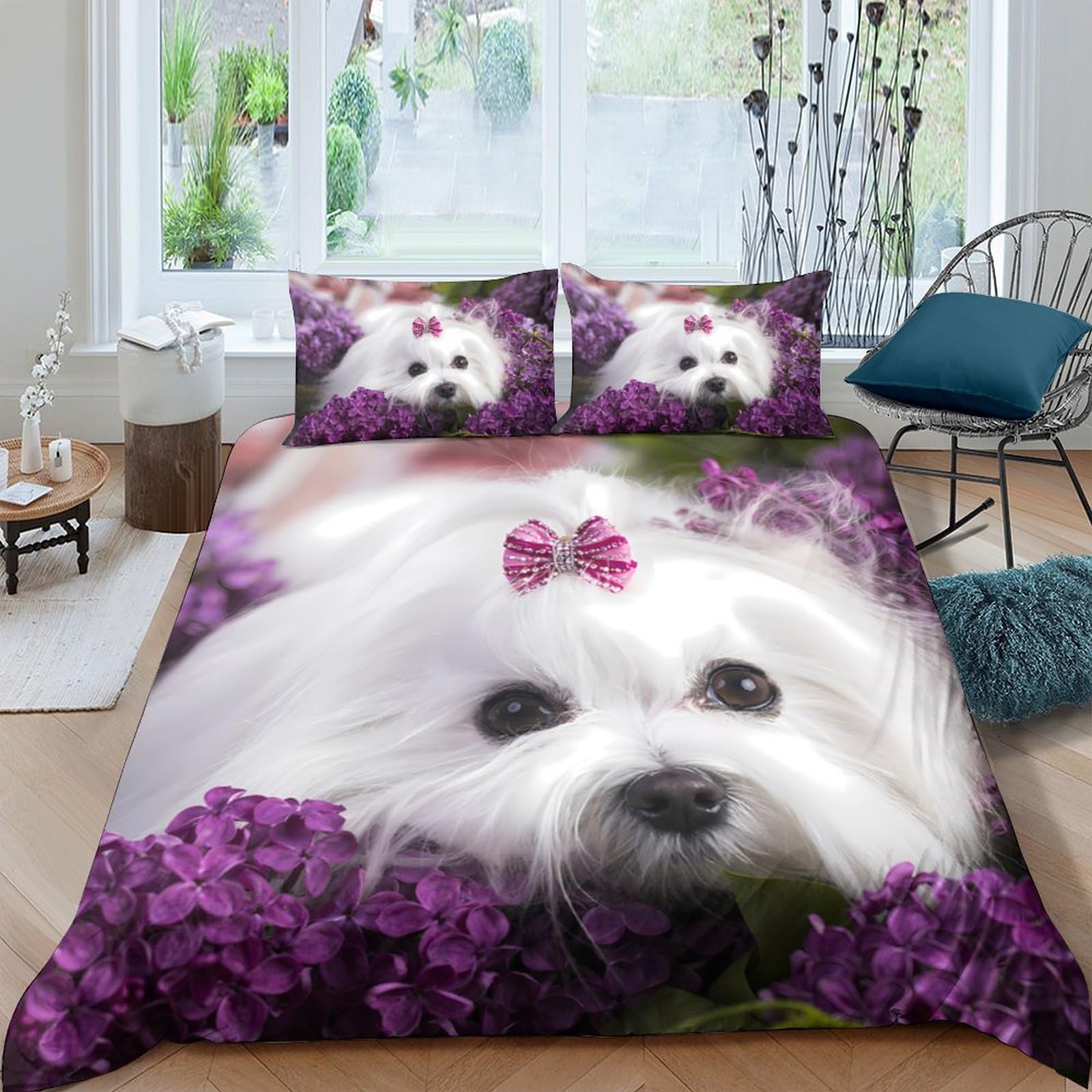 Ctjqhvkz Style-2 3D Printed White Puppy Fitted Sheet Microfiber Soft Purple Floral Bed Cover Anti-Slip Machine Washable Decor For Bedroom Guestroom Single（135X200cm）