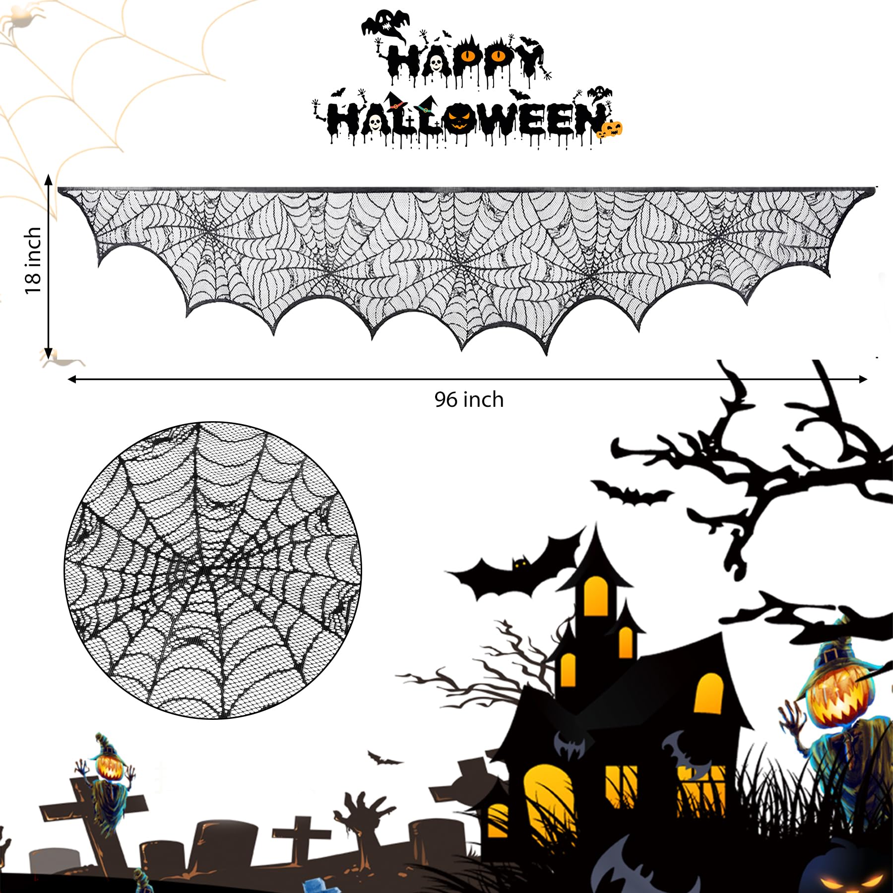 Halloween Spinnennetz Dekoration - 245cm Schwarze Spitze Für Kamin & Tür Deko
