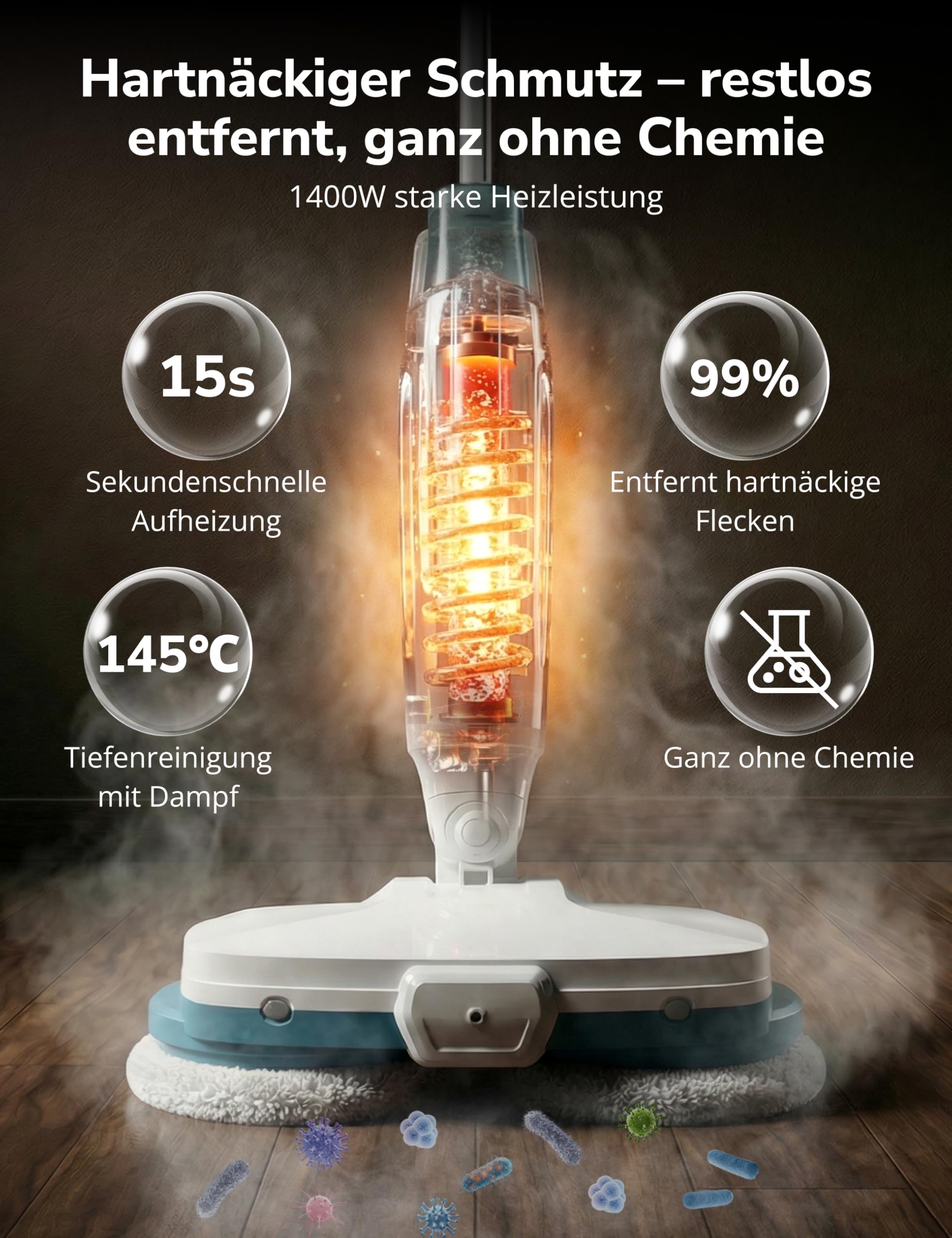 Dampfreiniger 10-in-1 mit Handgerät, 15s Schnellaufheizung, 2 Dampfstufen & Sprayfunktion, 500 ml Tank, Steam Mop für Fliesen, Laminat, Parkett, Teppich, Küche, Bad, Auto