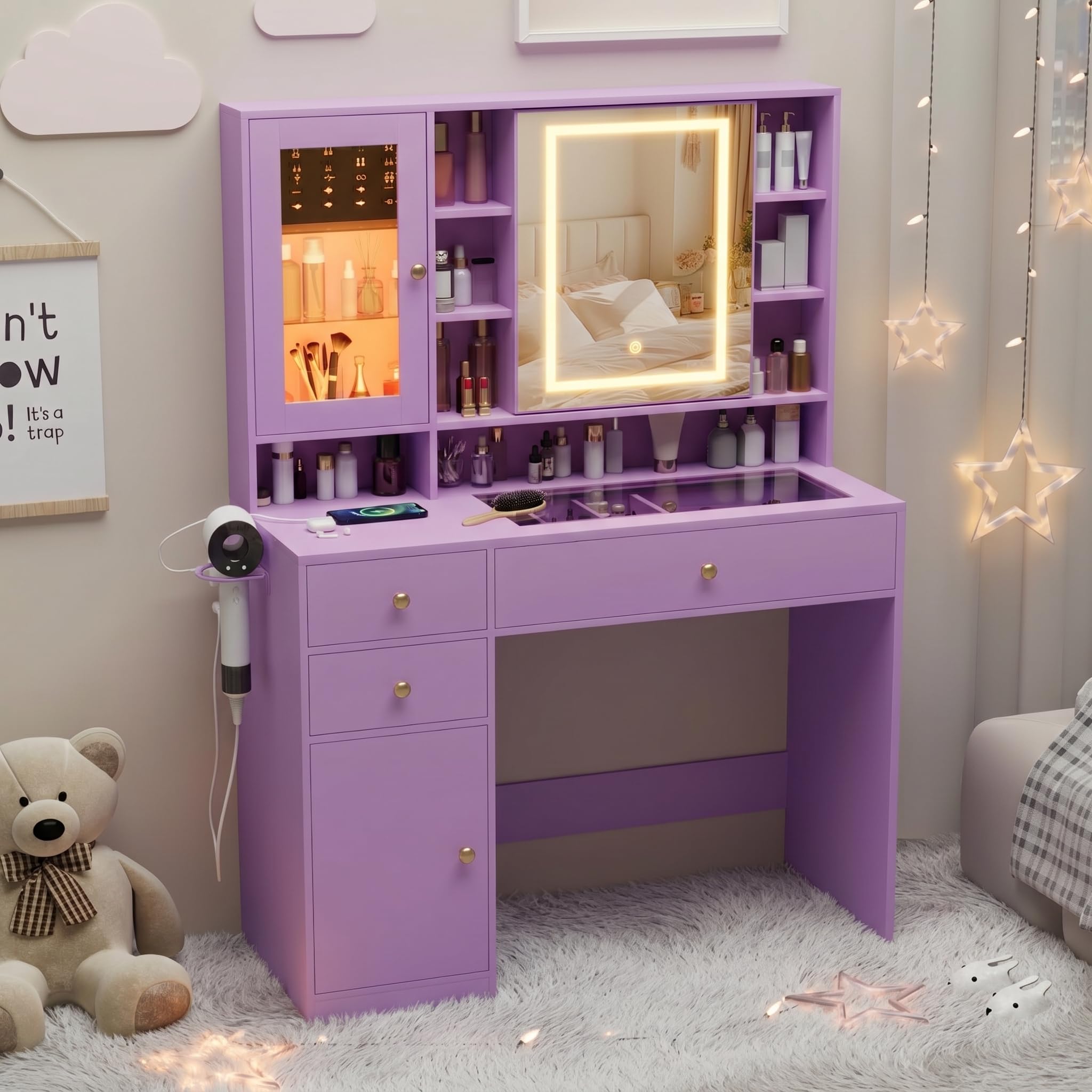 Makeup Vanity Desk with Mirror and Lights, Purple Vanity with Glass Top, Jewelry Storage, Power Outlets, 3 Drawers &amp; 2 Cabinets, Adjustable LED Lighting, Dressing Table for Women &amp; Girls Bedroom