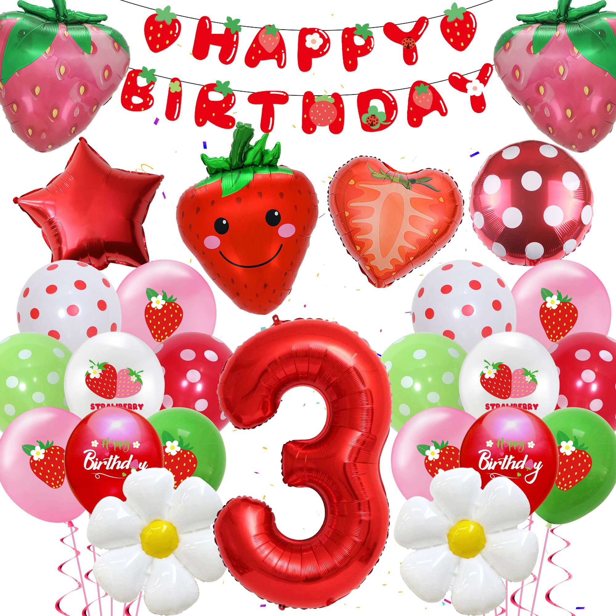 Strawberry Balloons Decoration 3rd Birthday Girl - Pack of 39 Strawberry Decoration, Happy Birthday Banner, Red Foil Balloon Number 3, Cute Strawberry Daisy Balloons for Girls Sweet 3rd Birthday