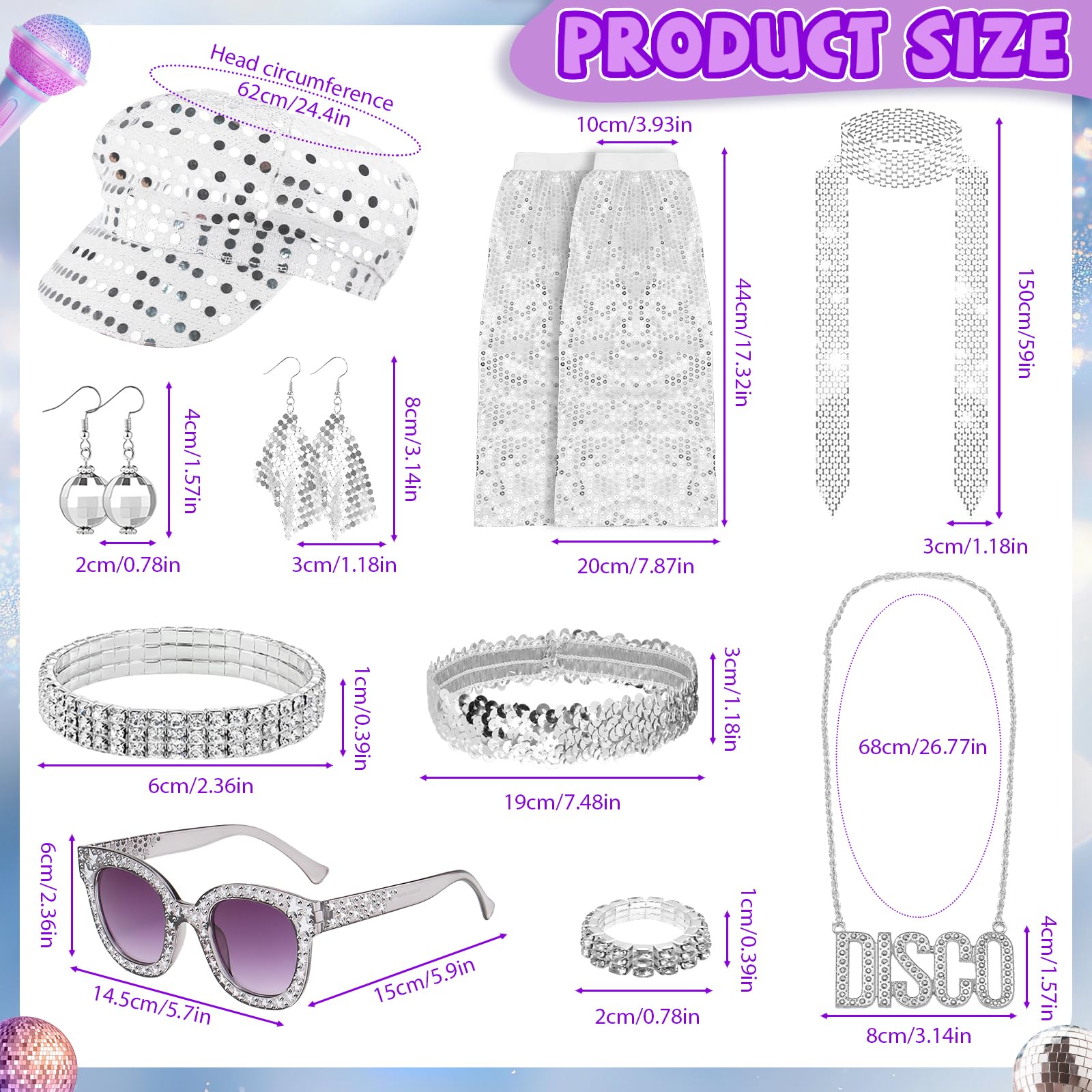 10Pcs 1970s Disco Accessories Set for Women - Sparkly Sequins Beret Hat, Leg Warmers, Earrings, Bracelet, Ring, Headband - 70s/80s Theme Party Fancy Dress Kit - Image 2