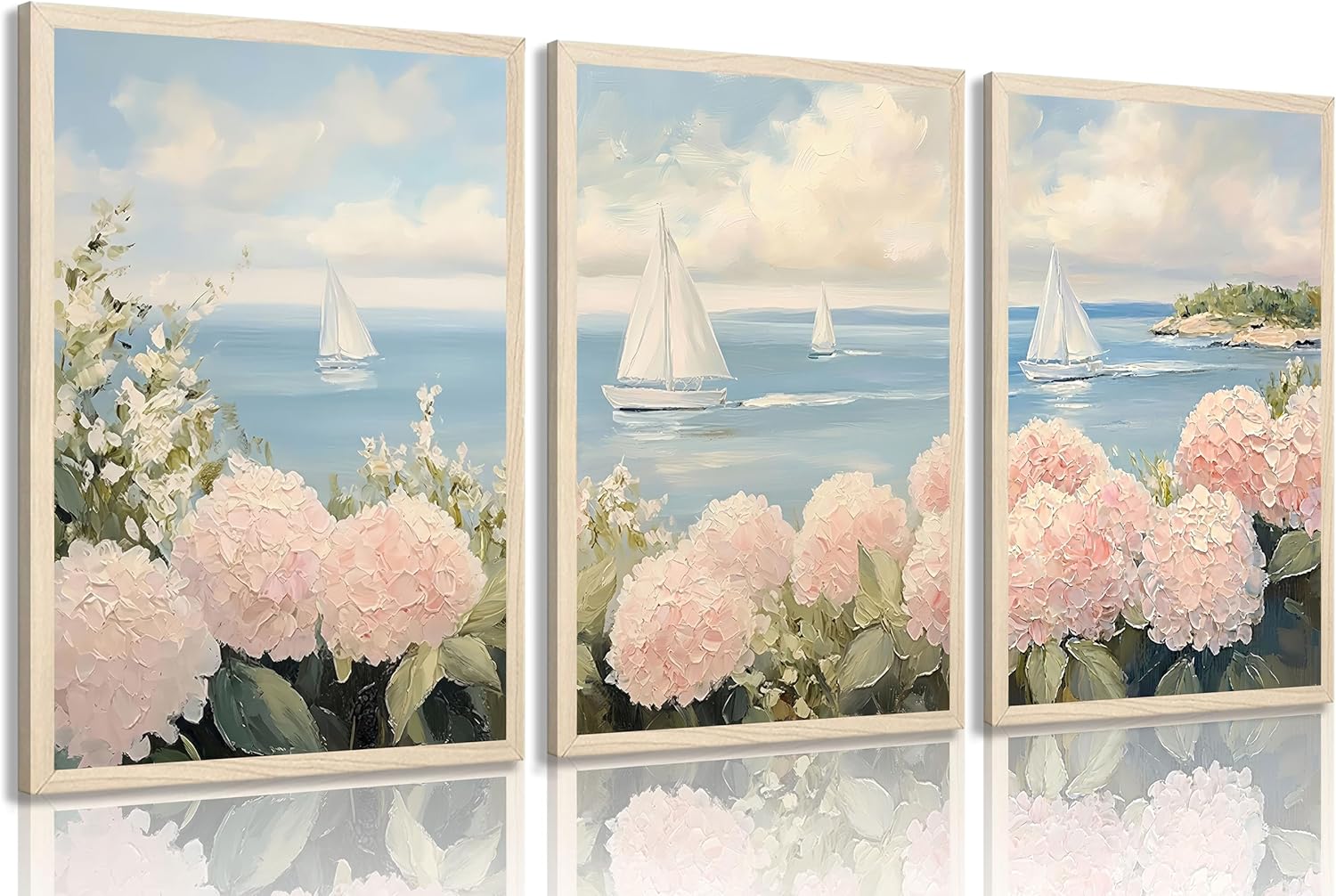Set of 3 Pink Coastal Hydrangea Wall Art Seascape Floral Painting Picture Wall Decor Vintage Sailboats Poster print Artwork for Living Room Bedroom dormitory Home Decoration Unframed