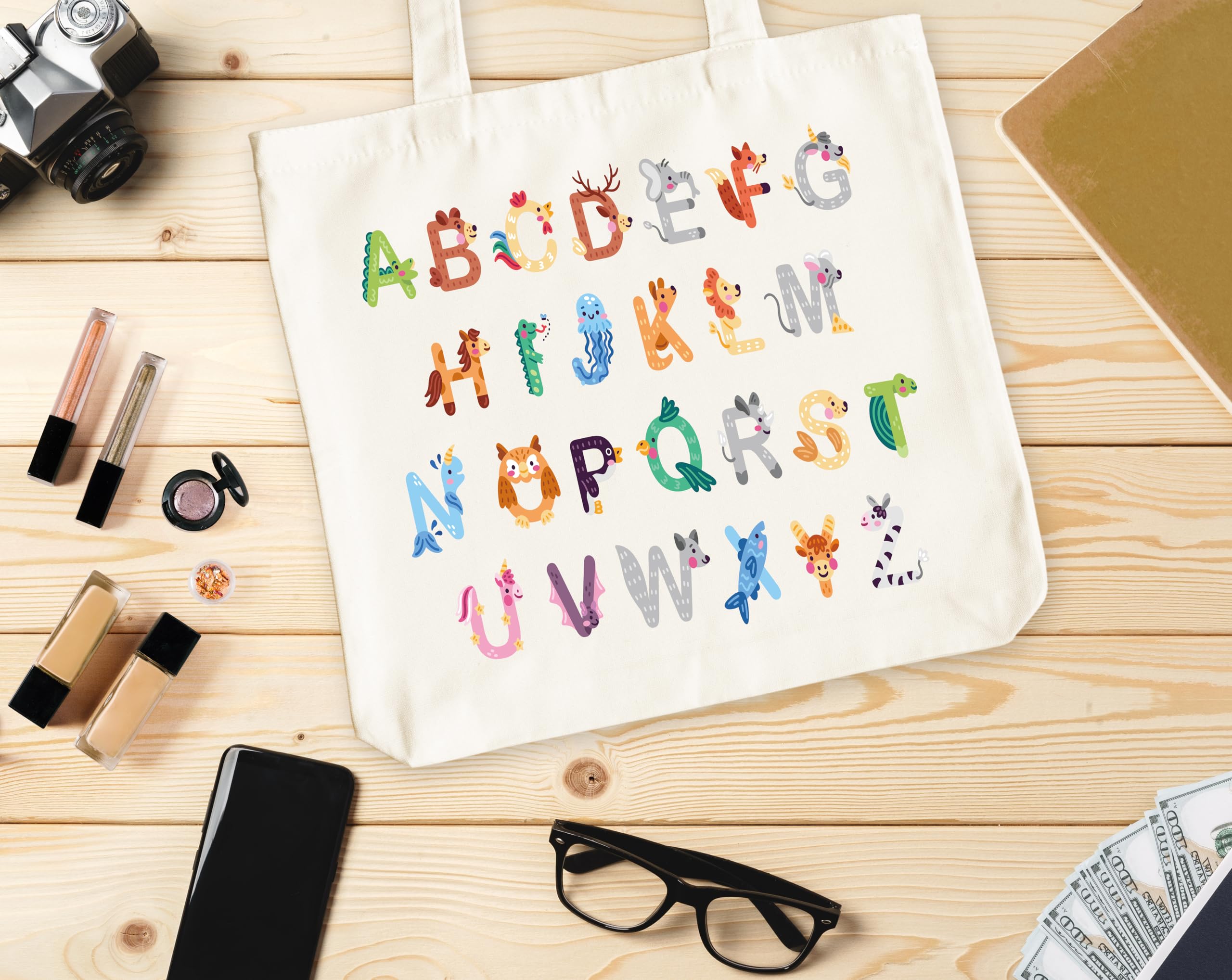 Animals Alphabets Canvas Tote Bag for Women, ABC Letters Learning Tote, Cute Animal Gift Bag, Library Book Bag, Teacher Tote Bags for Books, Shoulder Bag Gifts for Animal Lovers -12 - Image 4