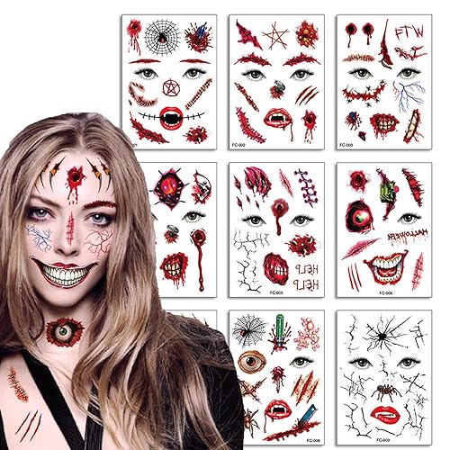 10 tatuajes temporales de maquillaje de broma de Halloween 2023 nuevos adultos niños payaso de terror tatuajes falsos calcomanías de tatuaje de cara