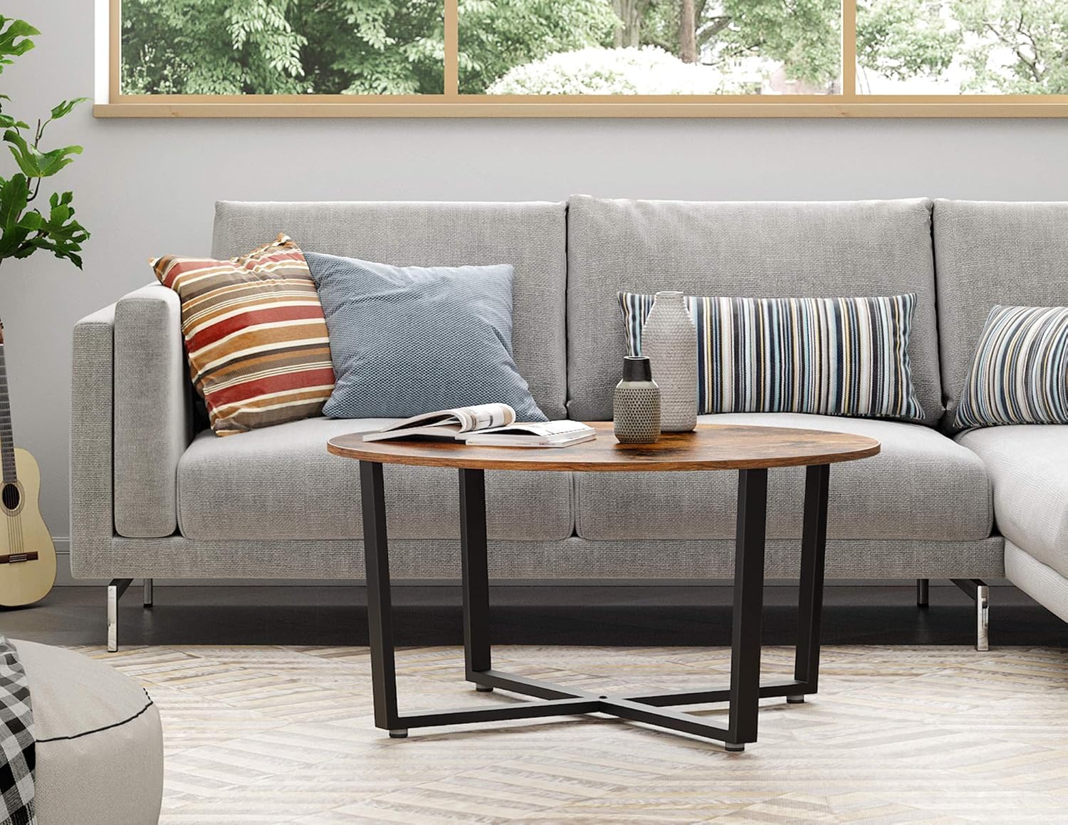 VASAGLE Runder Couchtisch, Wohnzimmertisch, Industriestil, Stahlrahmen, einfache Montage, für Wohnzimmer, Schlafzimmer, rustikales Braun und Schwarz LCT88X