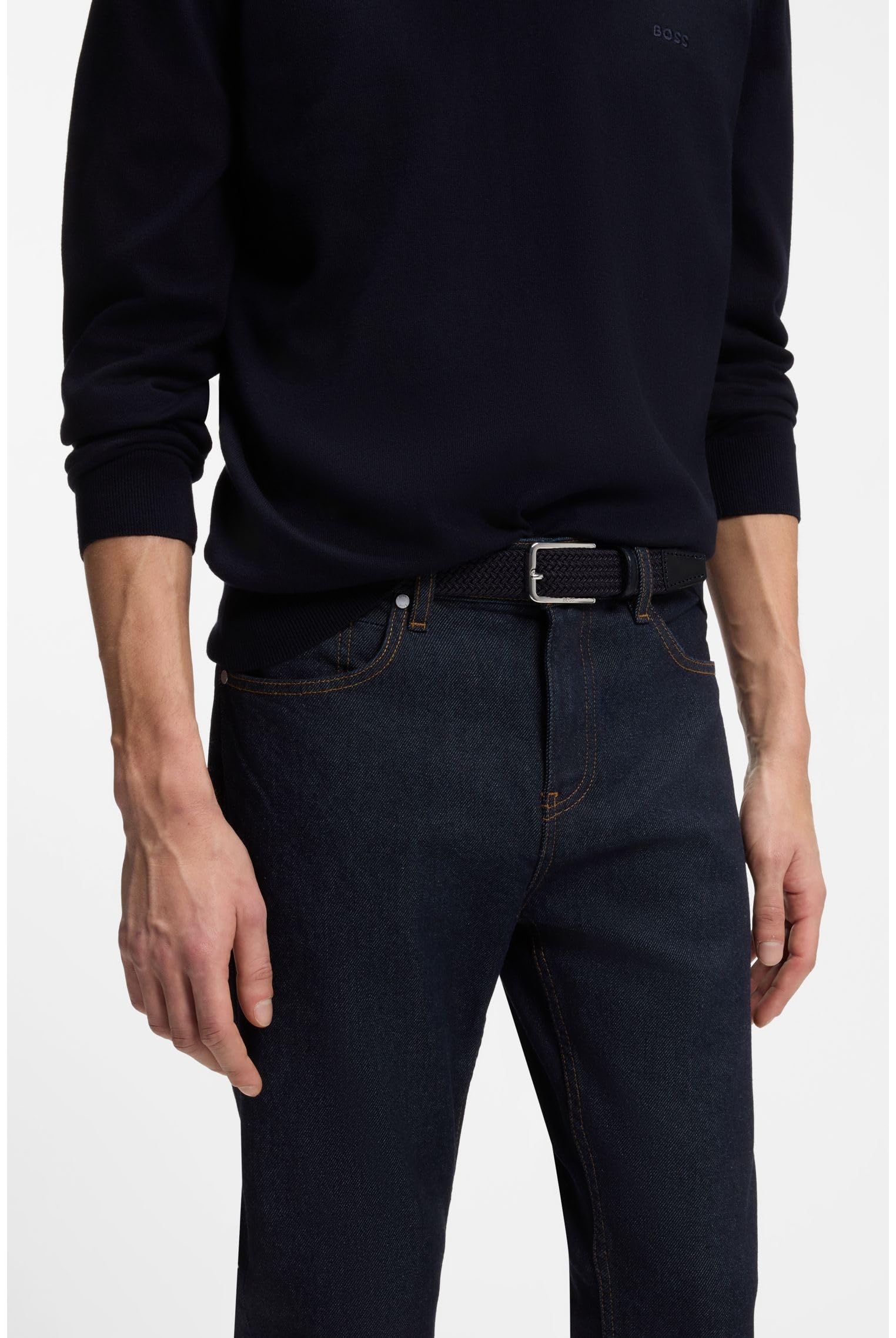 BOSS Męski pasek tkany Clorio Sz30 ze skórzanymi detalami, Navy410, 105