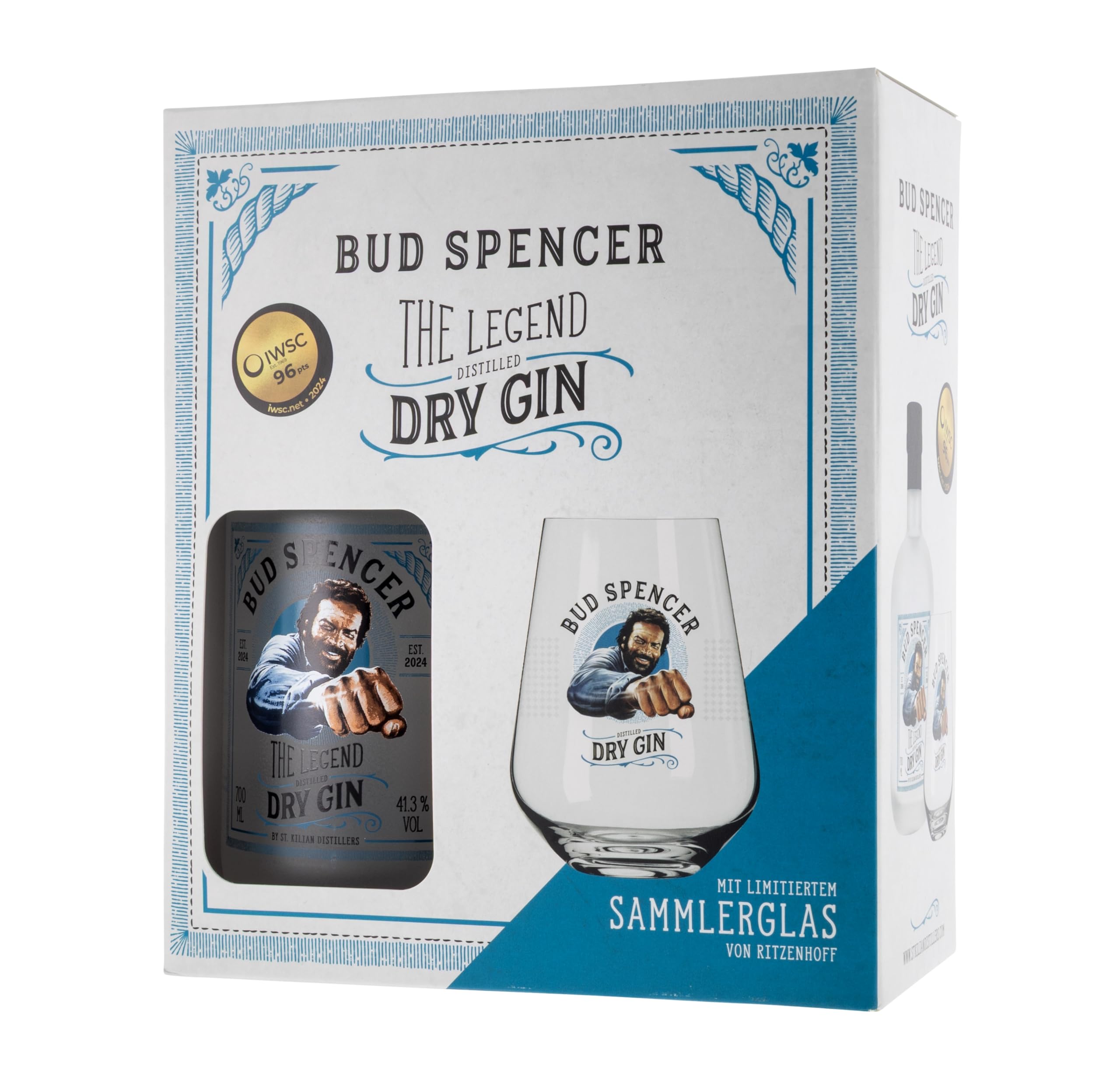 Bud Spencer Dry Gin Box - Inkl. Glas - [41,3% Vol, 0,7l] Premium Gin Angebote - Bud Spencer und Terence Hill Fanartikel - Geschenk für Männer - Geschenkset Herren - Geschenke Box