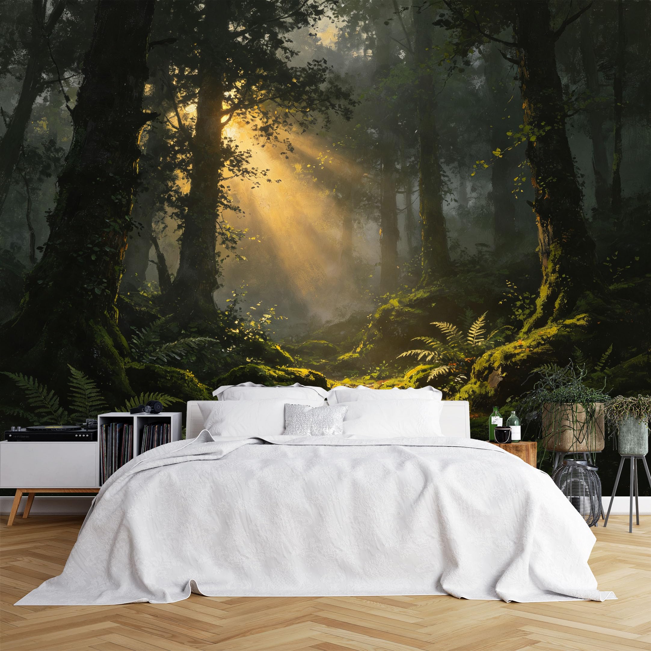 Custom Size Wall Murals Sunlit Misty Forest Oil Painting Wall Murals,Realistic Self-Adhesive Removable Wallpaper for Living Room Bedroom