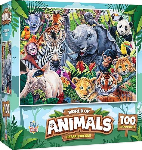 Masterpieces World of Animals - Rompecabezas de 100 piezas para niños, Safari Friends, 11.5 x 15 pulgadas