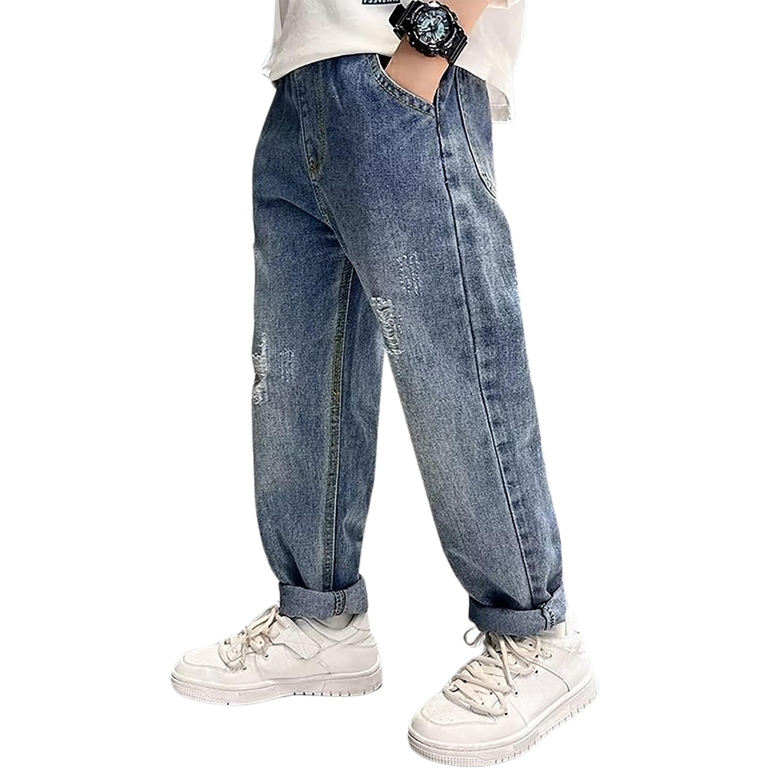 Rolanko Jungen Baggy Jeans, Jungs Zerrissene Denim Hosen mit Elastischem Bund und Taschen Loose Fit für Kinder