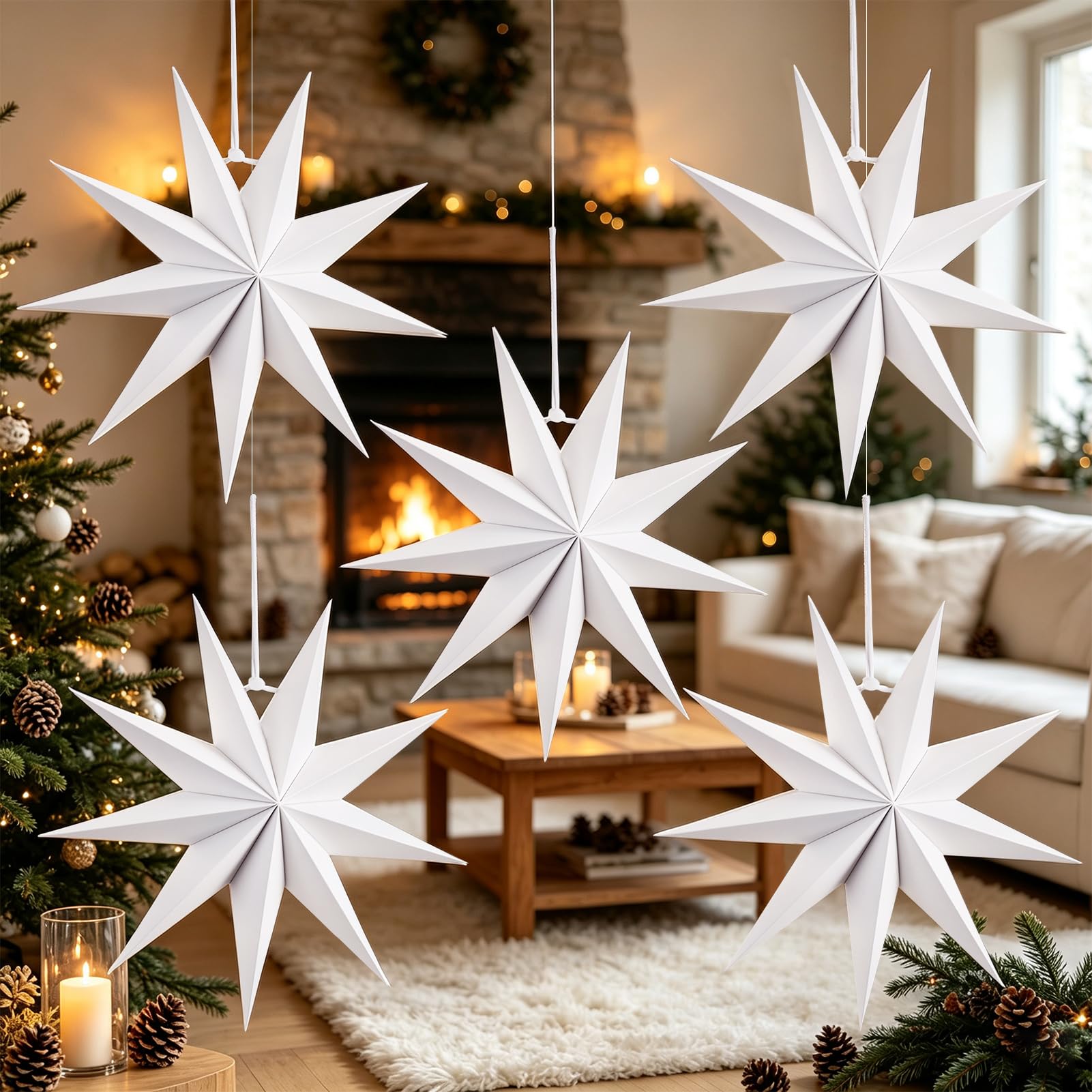 SUNBEAUTY White Paper Star Lanterns 12 Inch Hanging Stars Christmas Party Decorations Hanging Lampshade 5PCS 8-Pointed 3D Paper Star Christmas Wedding Birthday Holiday Xmas Ceiling Home Decor
