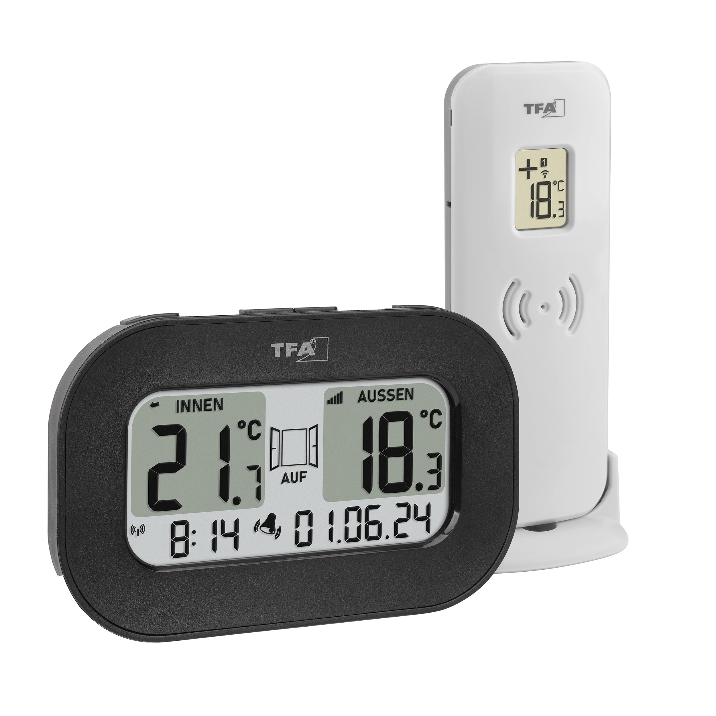 TFA Dostmann Digitales Funk Thermometer Cool@Home, 30.3046.01, gleichzeitige Temperaturmesser für innen/außen, mit Lüftungsempfehlung für kühle Räume, Alarm, mit Außensensor, inkl Funkuhr, schwarz