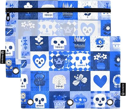 Pencil Pouch for 3 Ring Binder,Pencil Pouches Case Binder Pencil Bags with Zipper&Clear Window Reinforced Grommets for School Children Office Examinations 2 Pack Bright Blue Pirate Skulls Flowers Hear