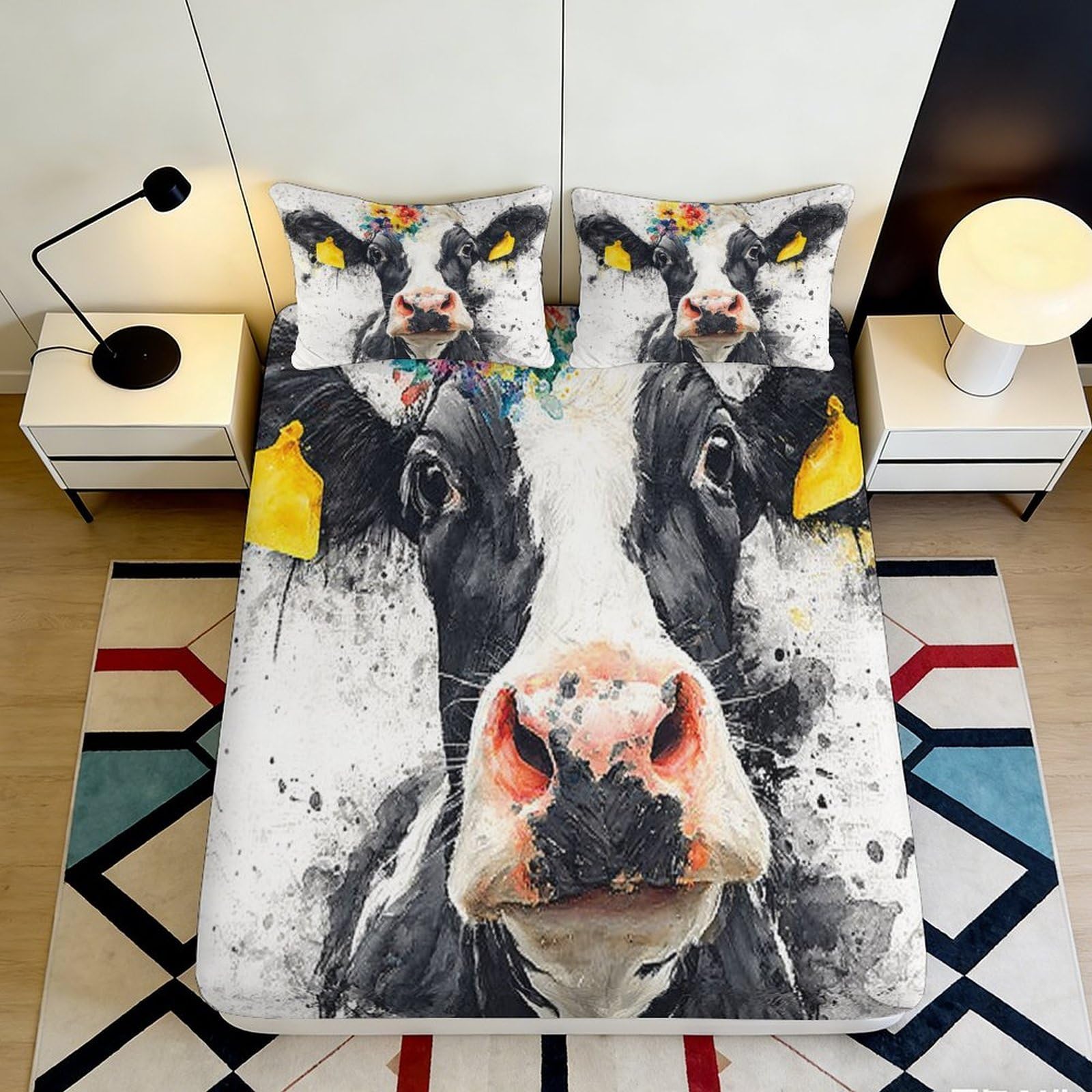 3D Printed Cow Pattern Microfiber Deep Pocket Fitted Sheet Full Wrap Non-Slip Cow Mattress Fitted Cover for Bedroom 200x200x25cm