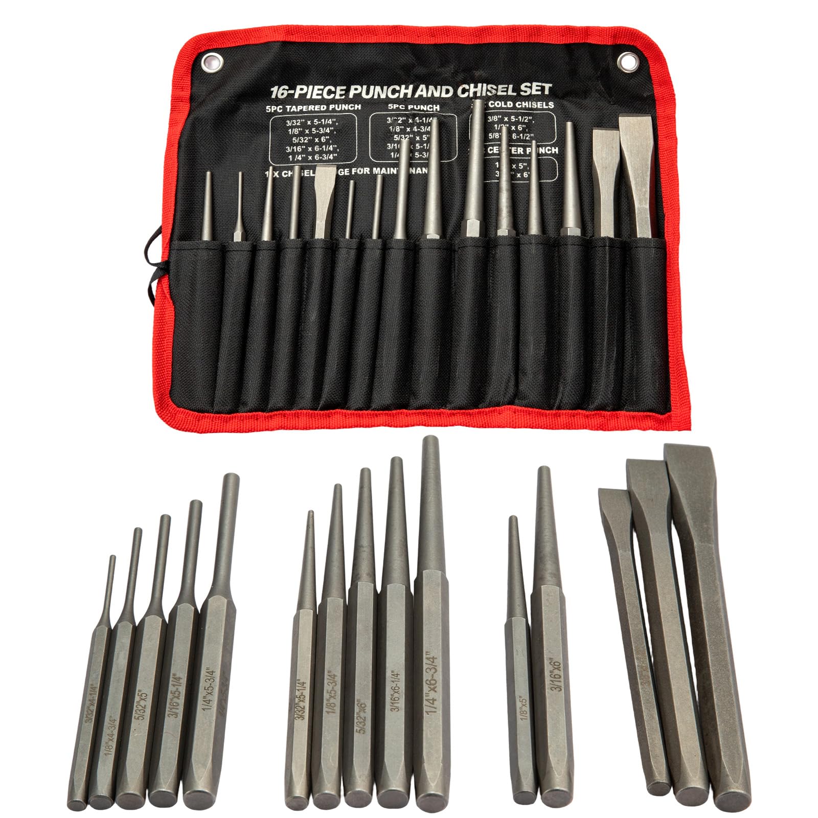 Sunnynest 16Pcs Punch And Chisel Set With Storage Pouch Metal Chisel Set For Bolting, Carving, Masonry, Metal Punching And Riveting