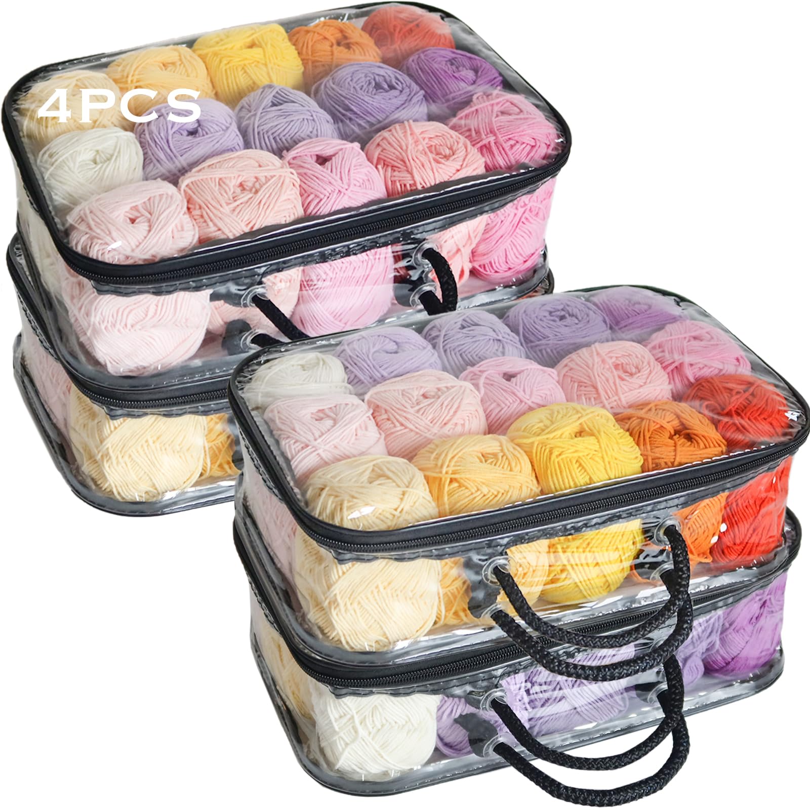 Goesort 4 Pack Clear Yarn Storage Bag, Sturdy Knitting Bags and Knitting Organizers with Smooth Double Pull Zip, Portable Plastic Craft Bag with Handle for Storing Yarn Hats, Gloves or Toys, Medium