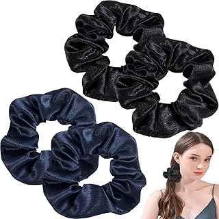 Pack De 4 Coleteros De Seda y Satén Para Mujer, Anillos Para El Cabello De Seda De Morera Con Banda Elástica, Coleteros De Seda Para Mujer, Regalo Para Mujer, 2 Colores, Negro y Azul Marino.