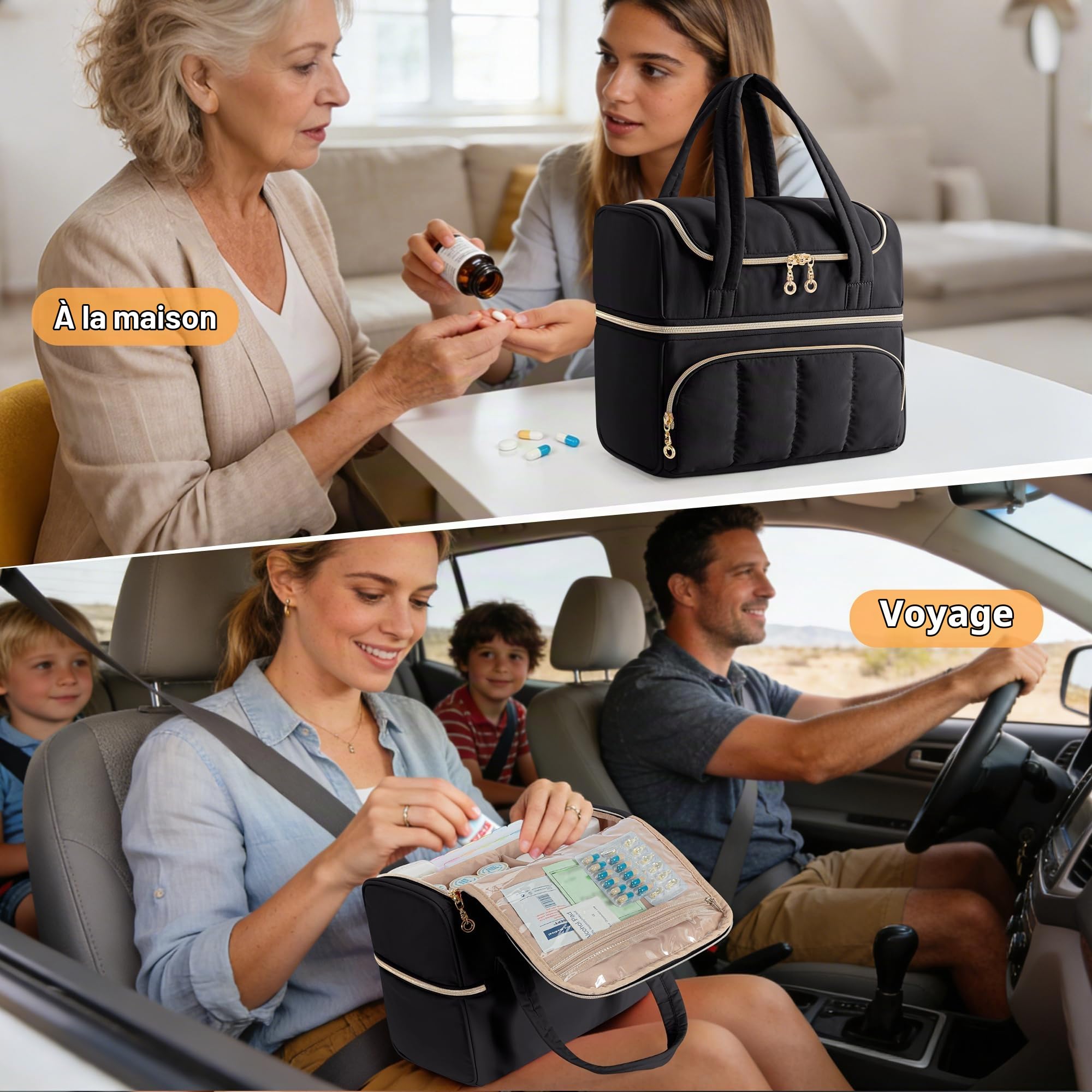 Damero Sac Médical, étui de Rangement pour Flacons de Médicaments Double Couche, Organisateur Verrouillable avec Séparateurs Amovibles pour Médicaments ou Suppléments Médicaux, Noir
