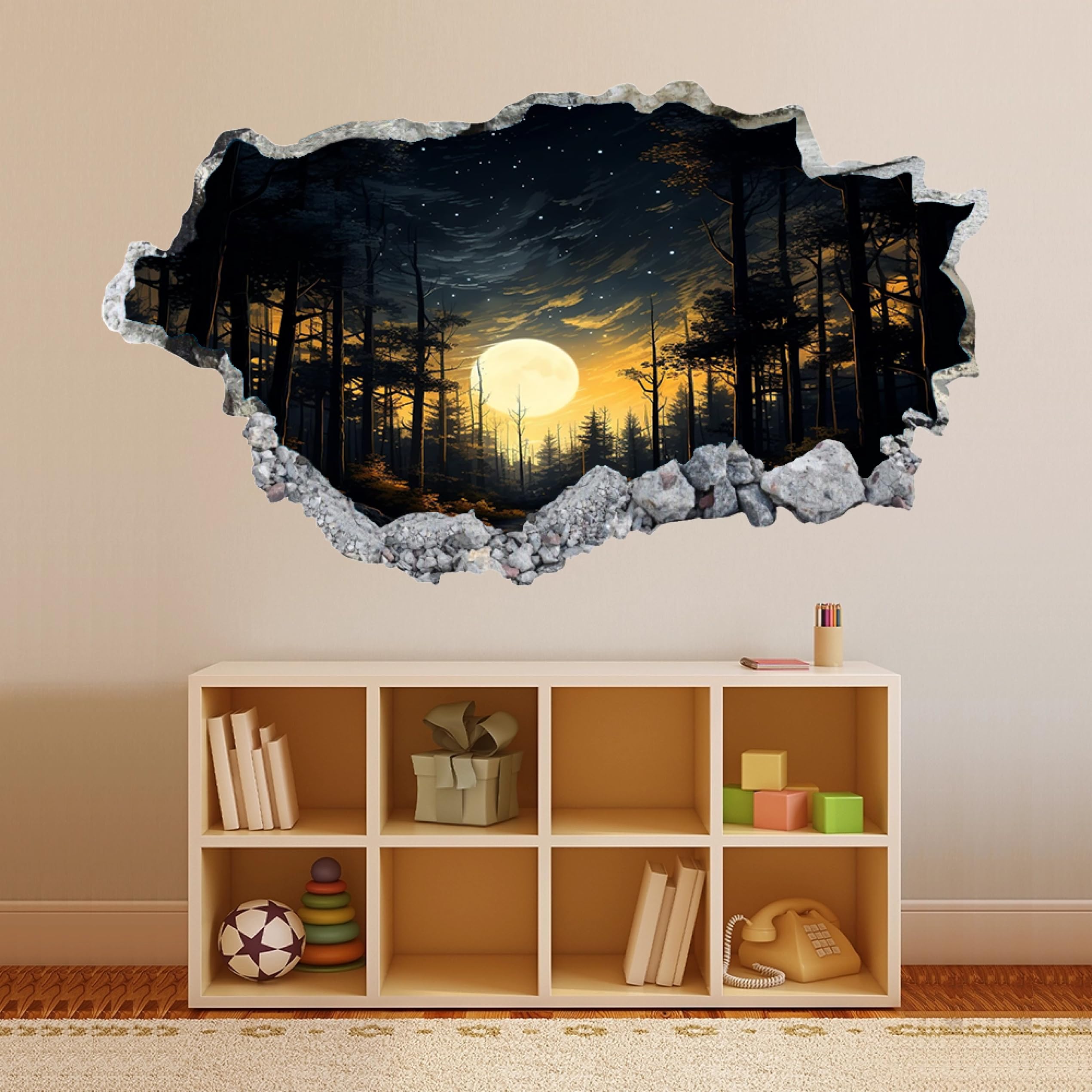 Wandtattoo 3D Durchbruch Wandaufkleber für Kinderzimmer Wandtattoos für Wohnzimmer Mondwaldlandschaft Wandsticker Wandbild Junge Mädchen Schlafzimmer 58x101cm