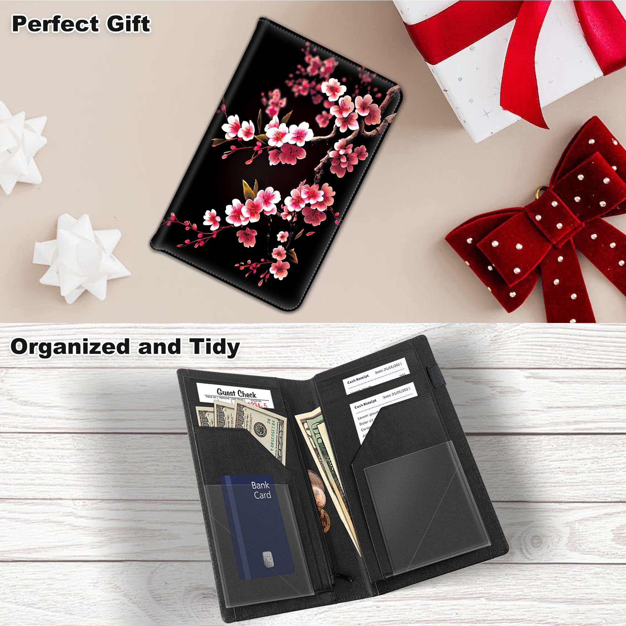 RYUITHDJP Server Books, Enlarged 9x5 Inches Server Book for Waitress, Waitress Books with Zipper Pocket Cherry Blossom Black Design Serving Book Organizer Restaurant Guest Check Presenter