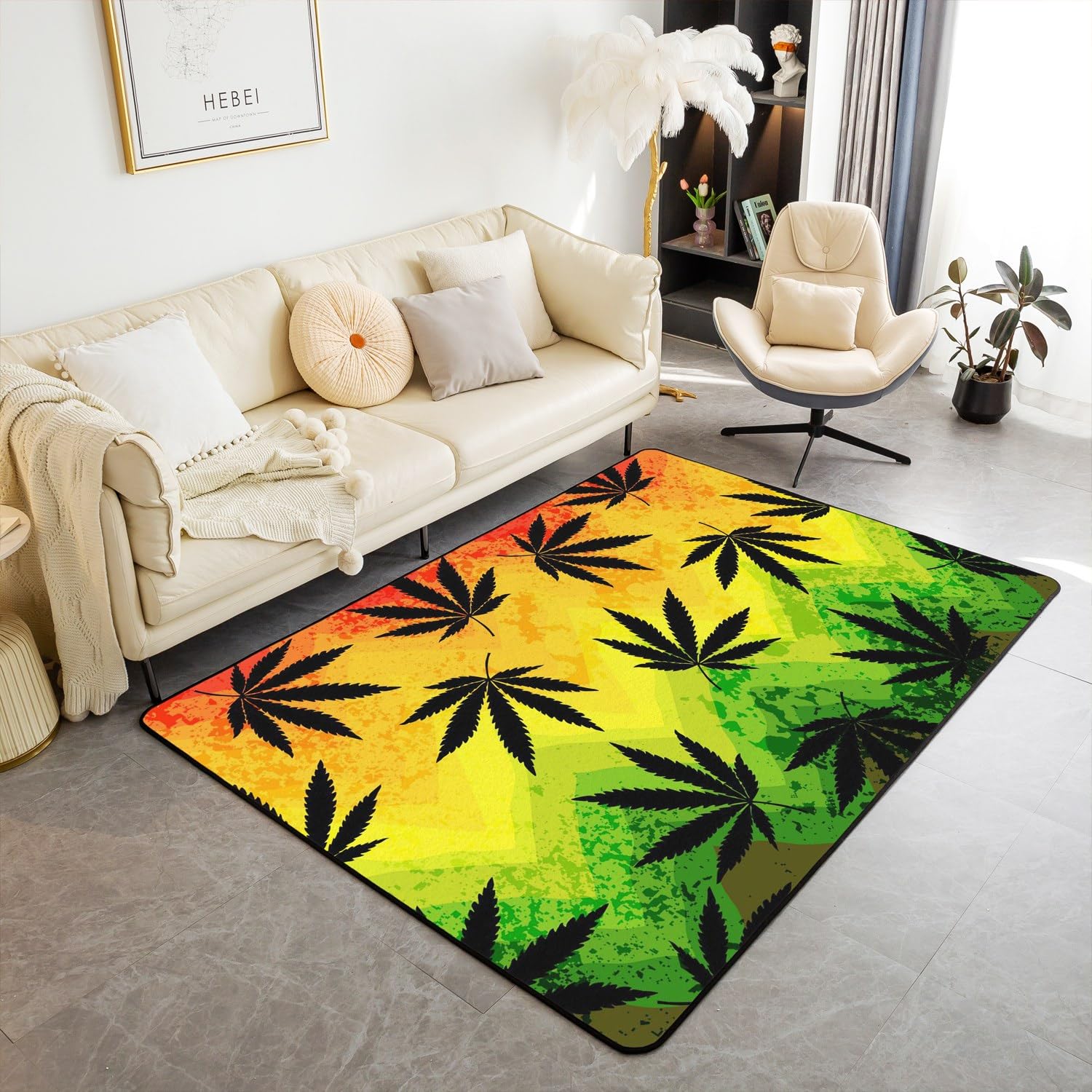 Cannabis Leaves Area Rug 3x5 for Bedside Living Room Playroom, Marijuana Herb Indoor Floor Mat, Ganja Illicit Narcotic Carpet for Kids Boys Girls Teens, Maple Leaf Colorful Decorative Rug, Non Slip