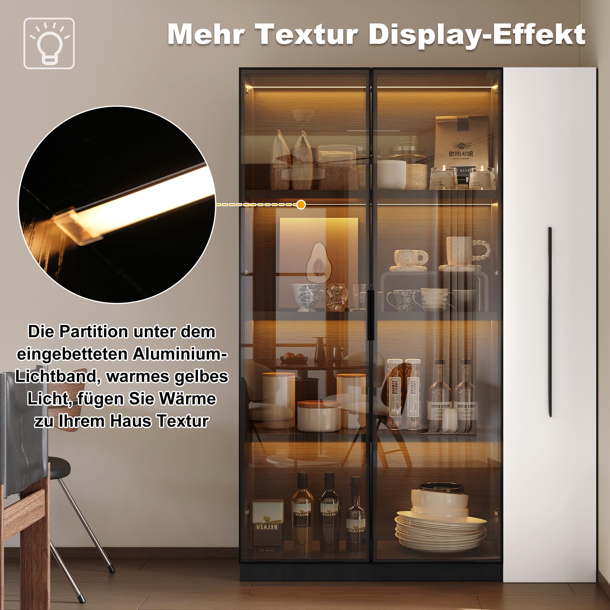 Armadio multifunzione/alto/da sala da pranzo 110,5 x 35 x 160 cm, vetrina con anta in vetro e LED, estensione laterale, design in bianco e nero, stile moderno, (nero, 110,5 x 5 x 160 cm)