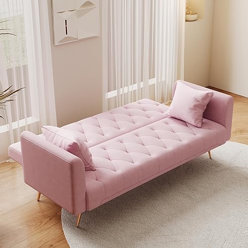 Miniatura 5 de Moderno sofá cama futón de terciopelo con 2 almohadas, sofá cama convertible 2 en 1, sofá biplaza reclinable plegable con patas de metal dorado para